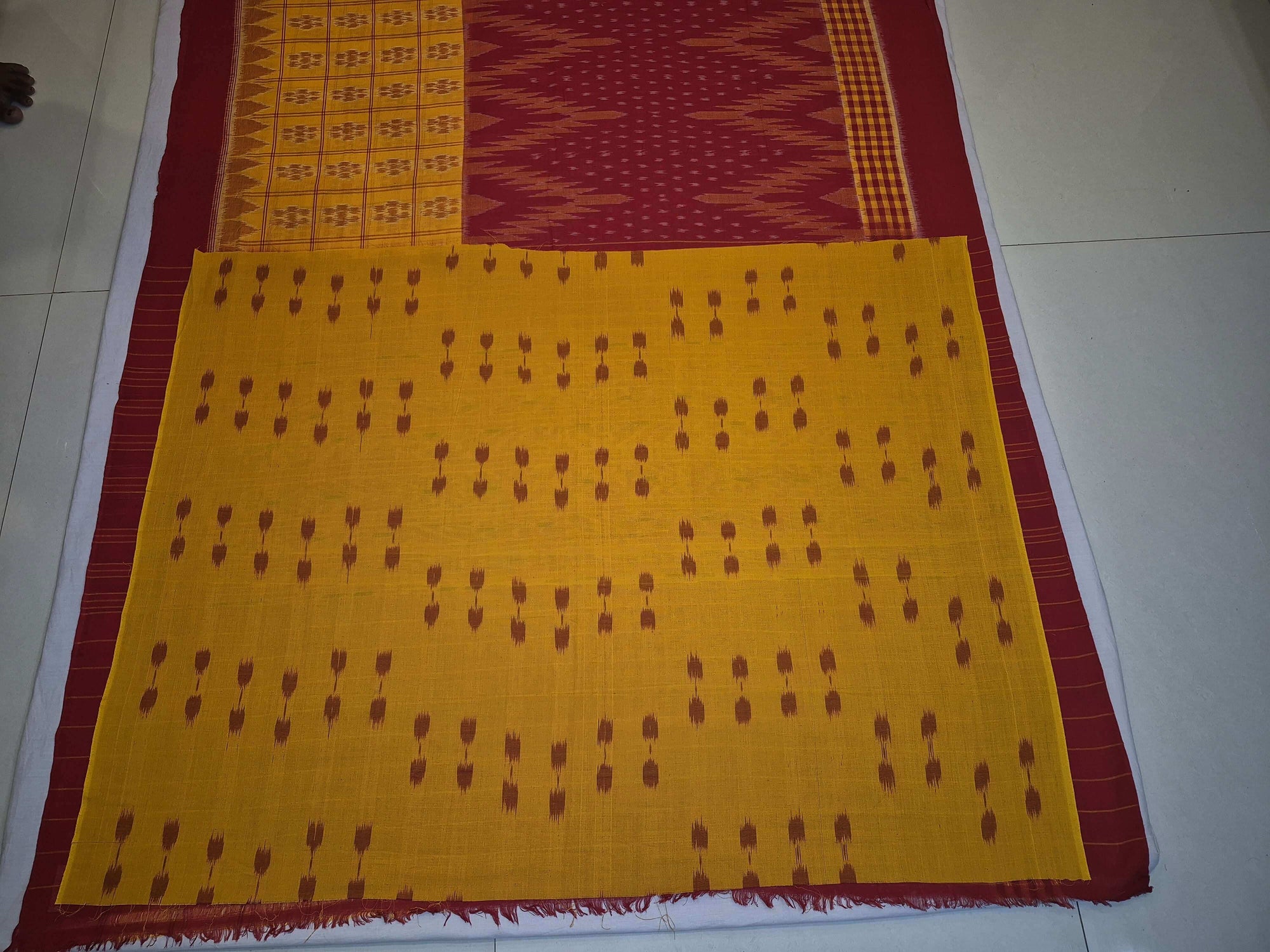 Yellow Red half half body coloured Odisha Ikat saree with cotton ikat blouse piece