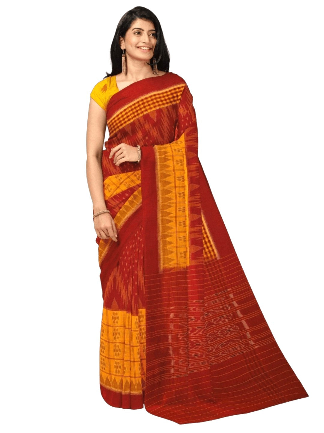 Yellow Red half half body coloured Odisha Ikat saree with cotton ikat blouse piece