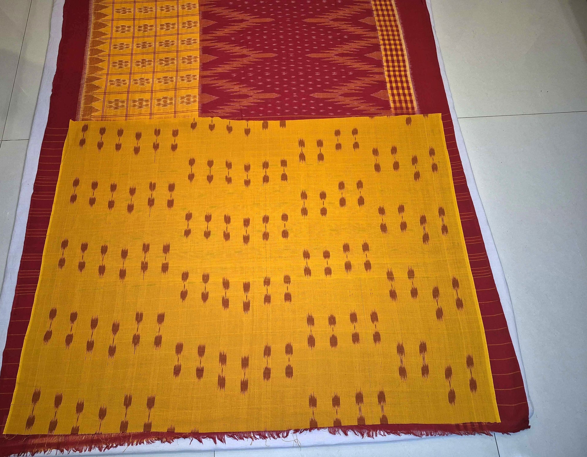Yellow Red half half body coloured Odisha Ikat saree with cotton ikat blouse piece