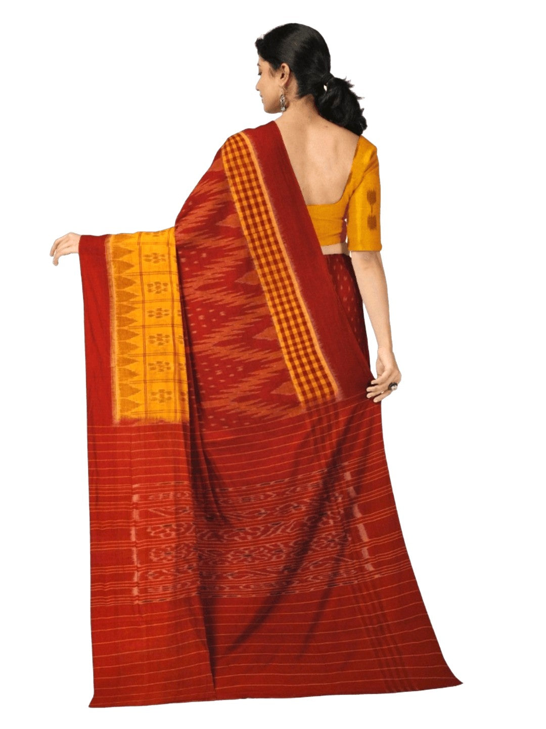 Yellow Red half half body coloured Odisha Ikat saree with cotton ikat blouse piece