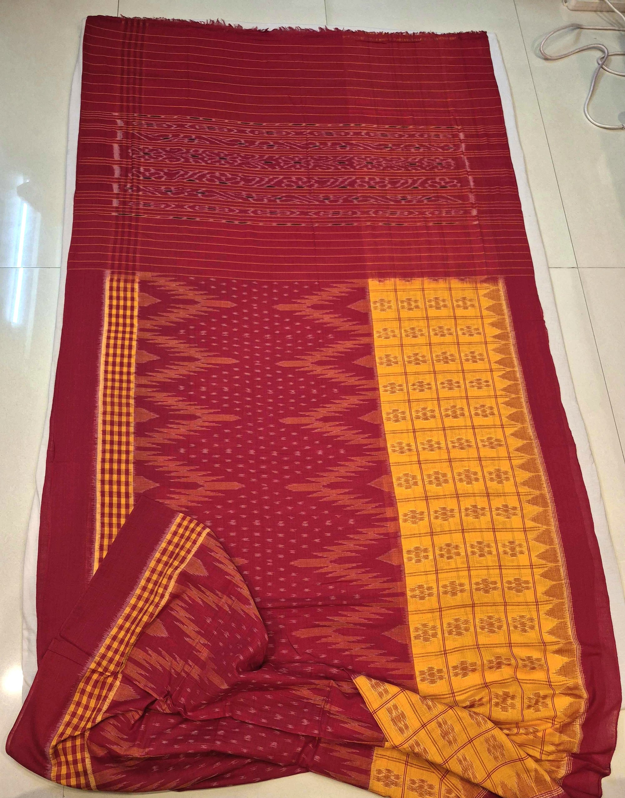 Yellow Red half half body coloured Odisha Ikat saree with cotton ikat blouse piece