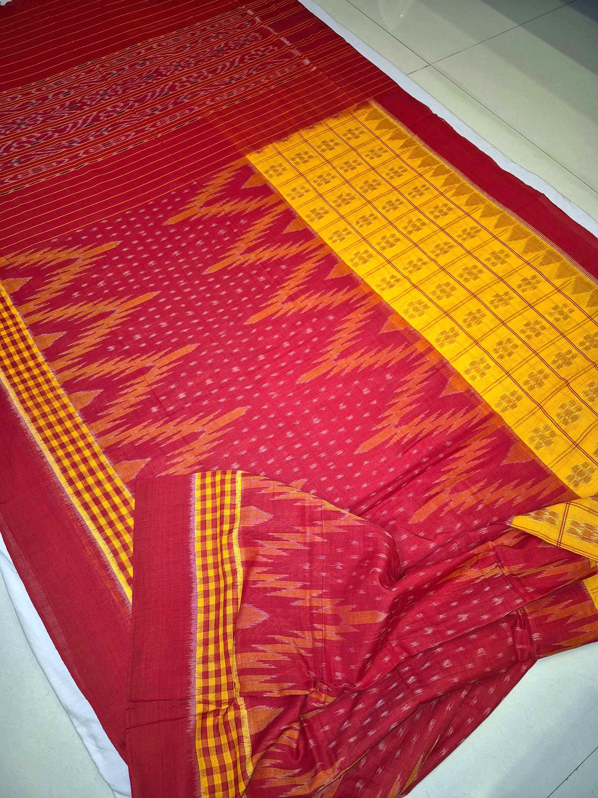 Yellow Red half half body coloured Odisha Ikat saree with cotton ikat blouse piece