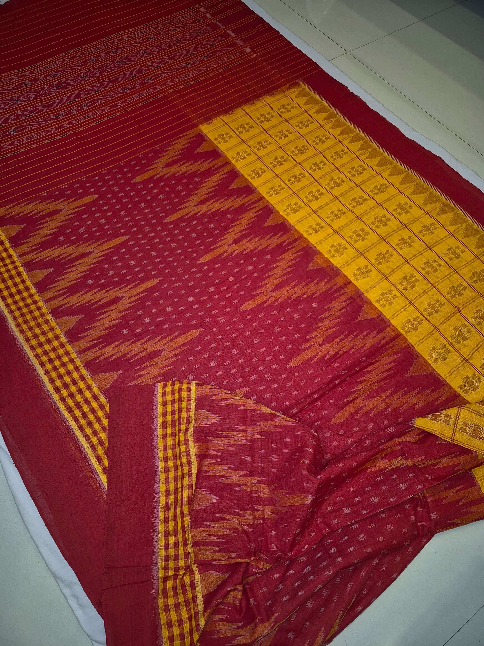Yellow Red half half body coloured Odisha Ikat saree with cotton ikat blouse piece