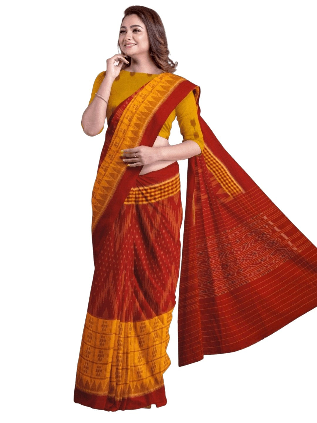 Yellow Red half half body coloured Odisha Ikat saree with cotton ikat blouse piece