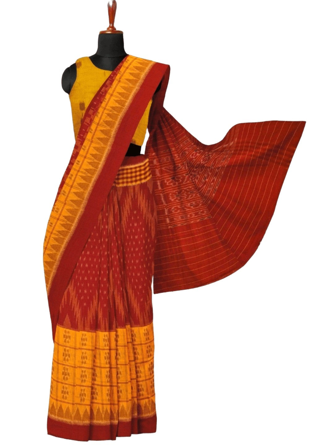 Yellow Red half half body coloured Odisha Ikat saree with cotton ikat blouse piece
