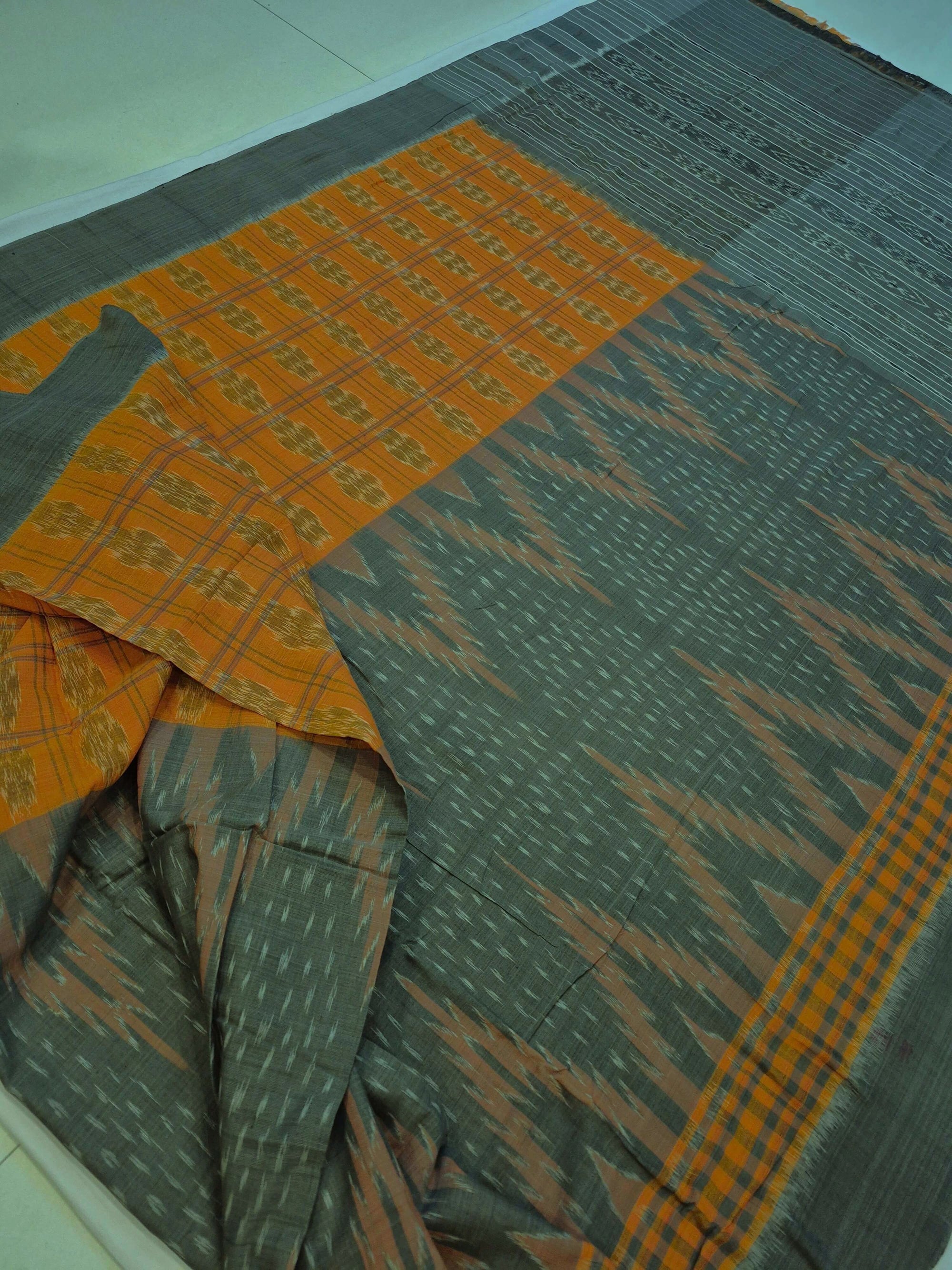 Light Green Orange half half body coloured Odisha Ikat saree with cotton ikat blouse piece