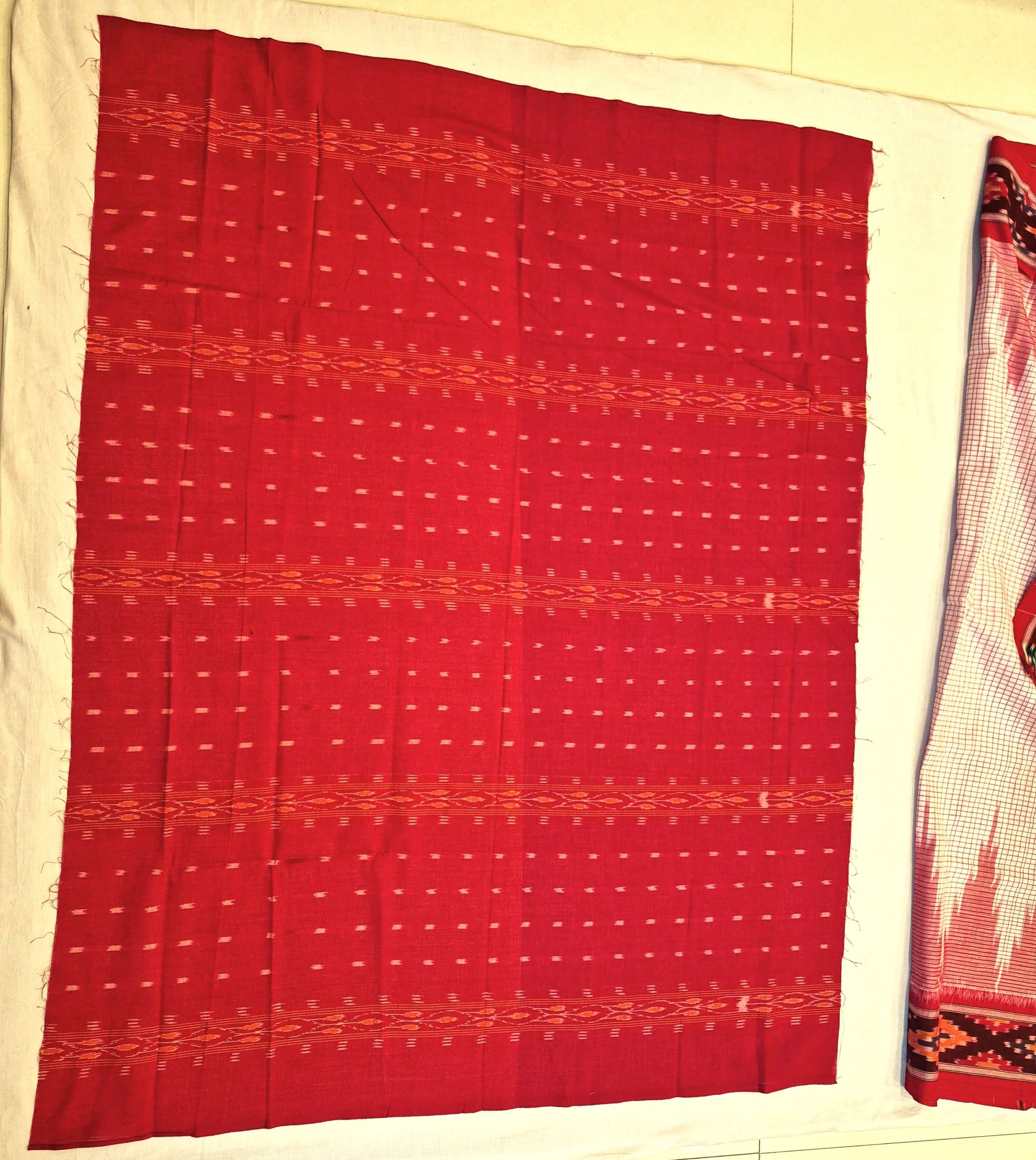Beige Checkered body Cotton Odisha Ikat saree with cotton ikat blouse piece