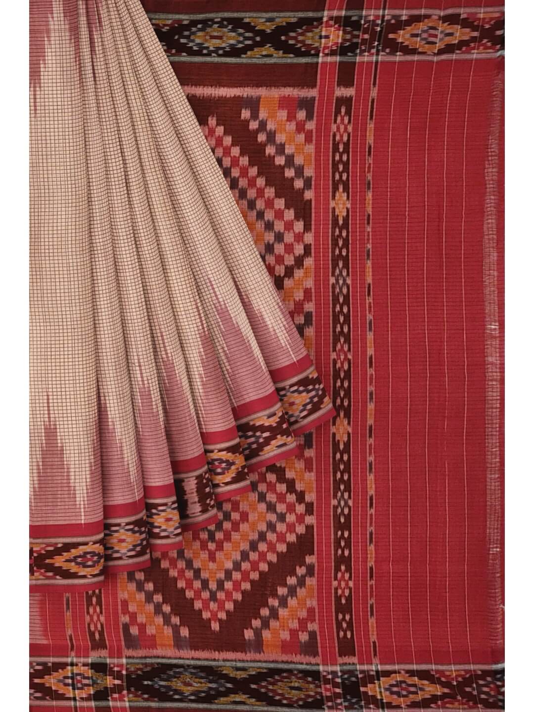 Beige Checkered body Cotton Odisha Ikat saree with cotton ikat blouse piece