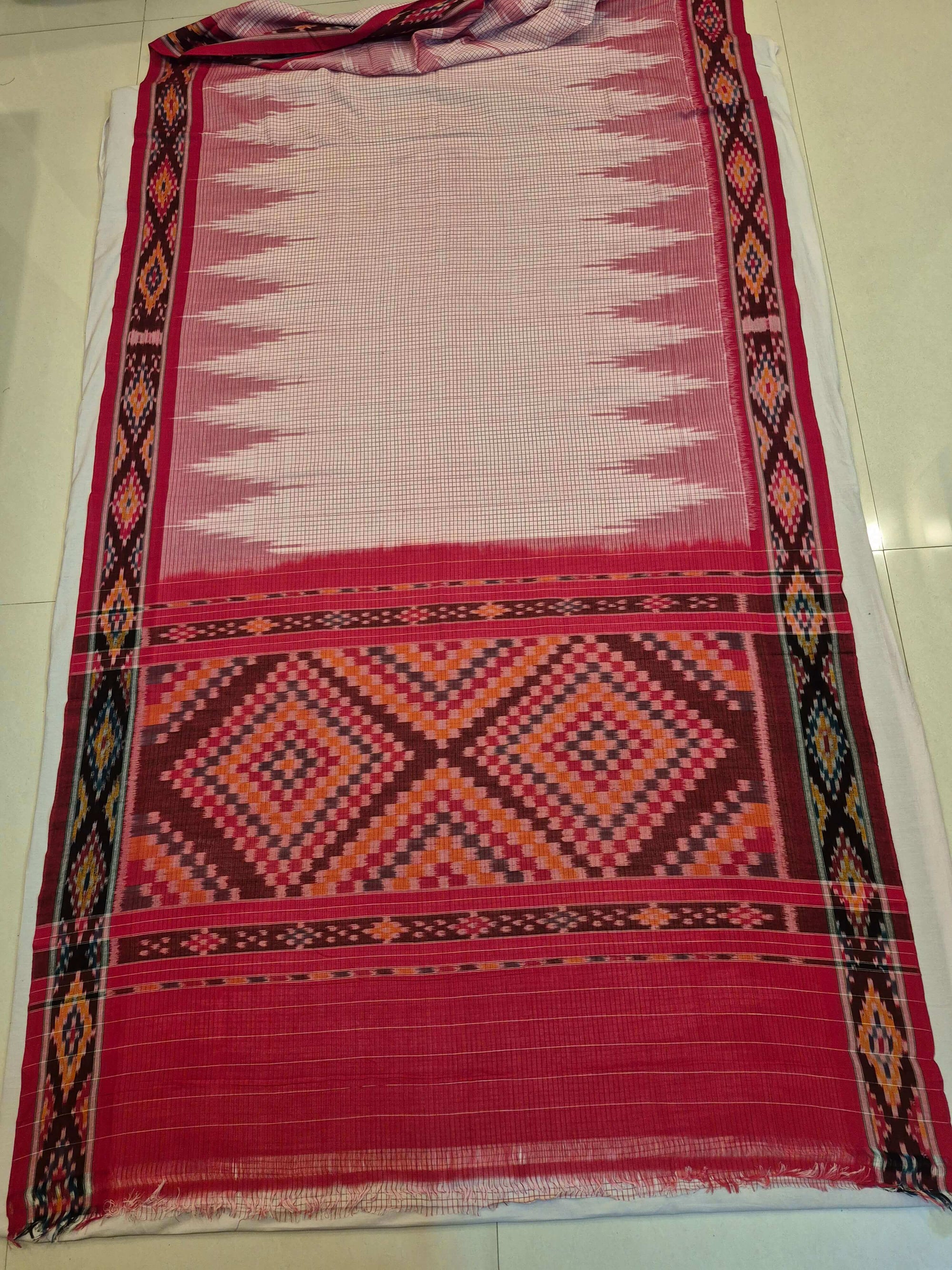 Beige Checkered body Cotton Odisha Ikat saree with cotton ikat blouse piece