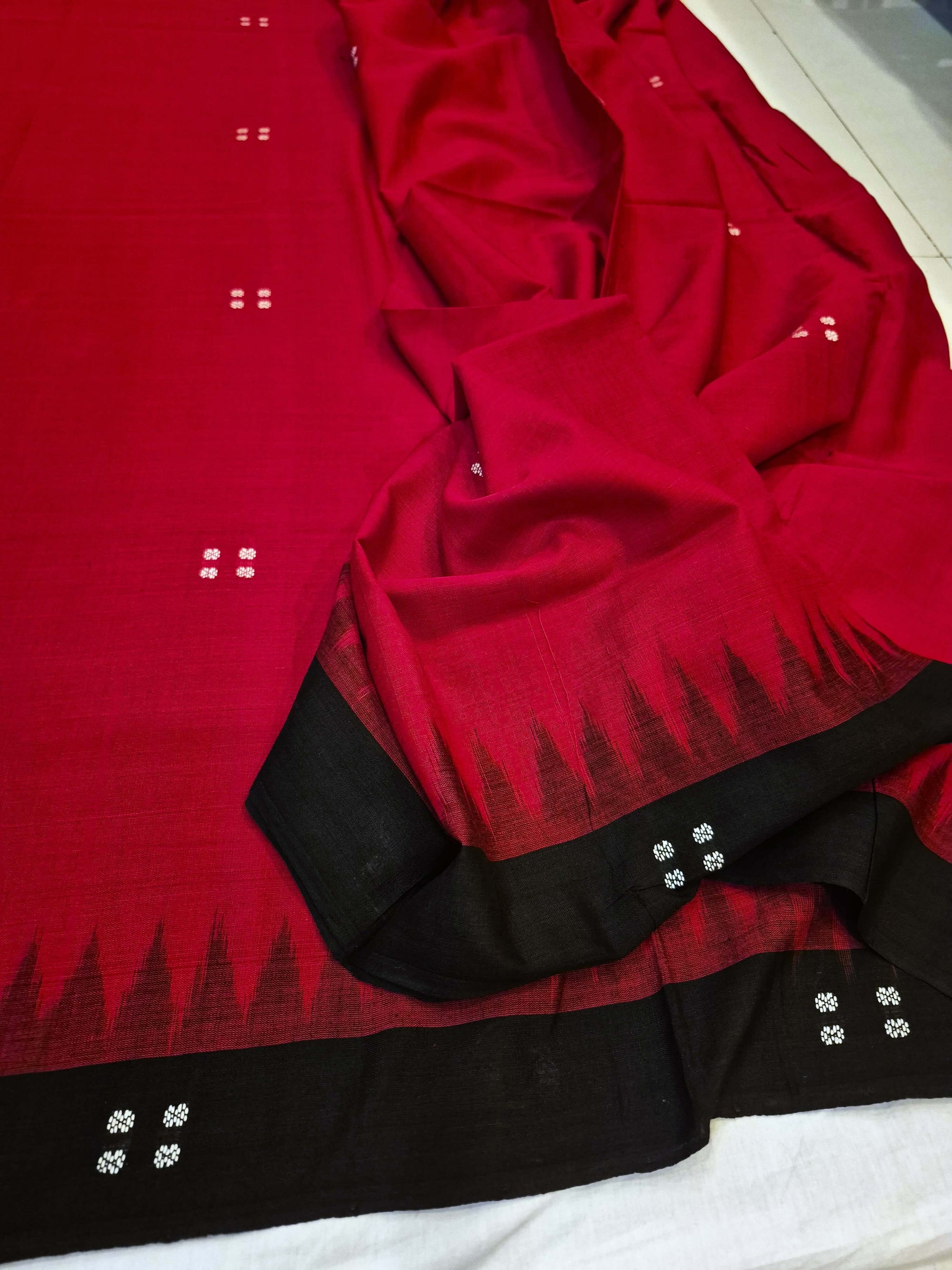 Red and Black Cotton Odisha Ikat saree with cotton ikat blouse piece