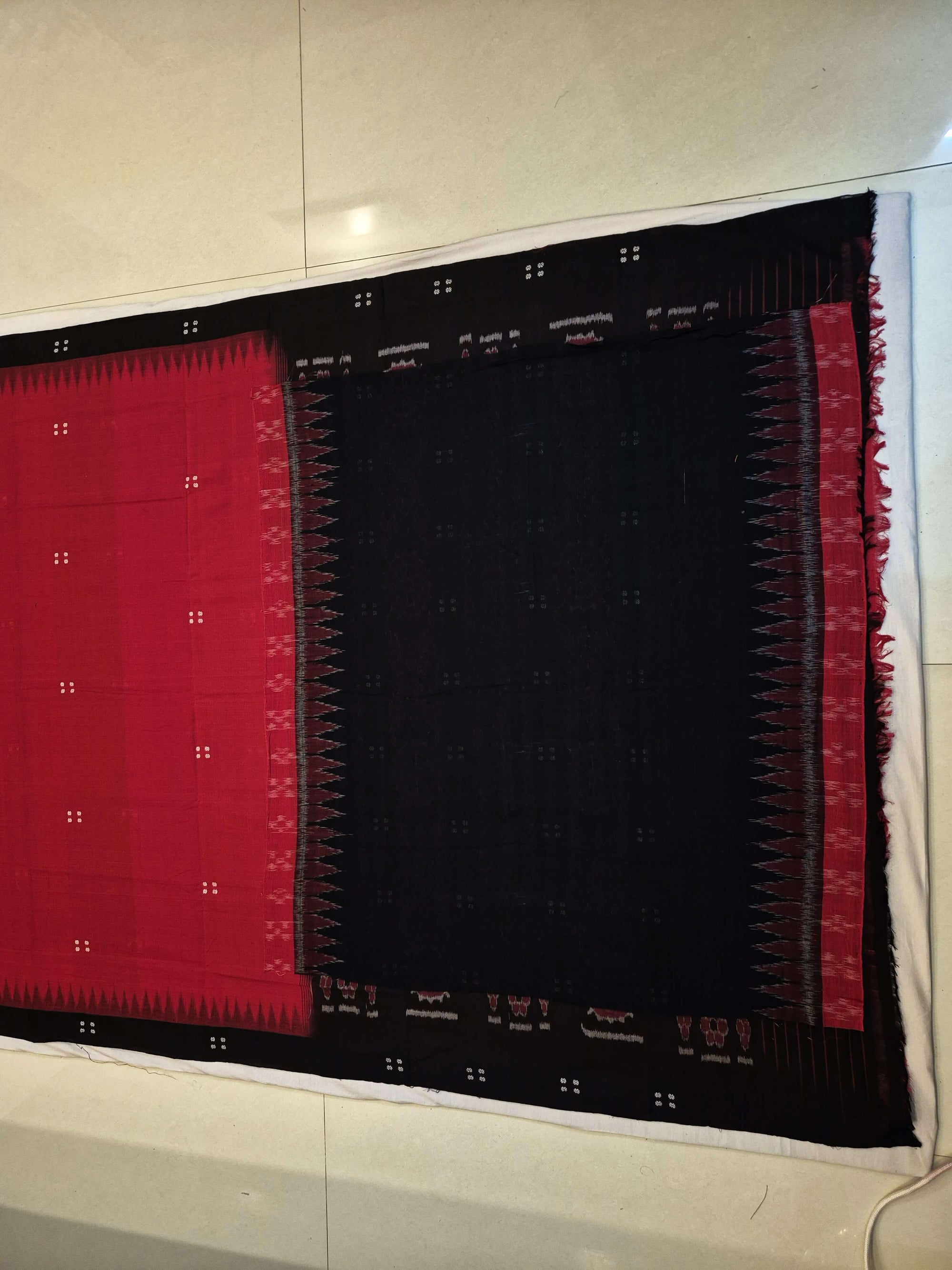 Red and Black Cotton Odisha Ikat saree with cotton ikat blouse piece