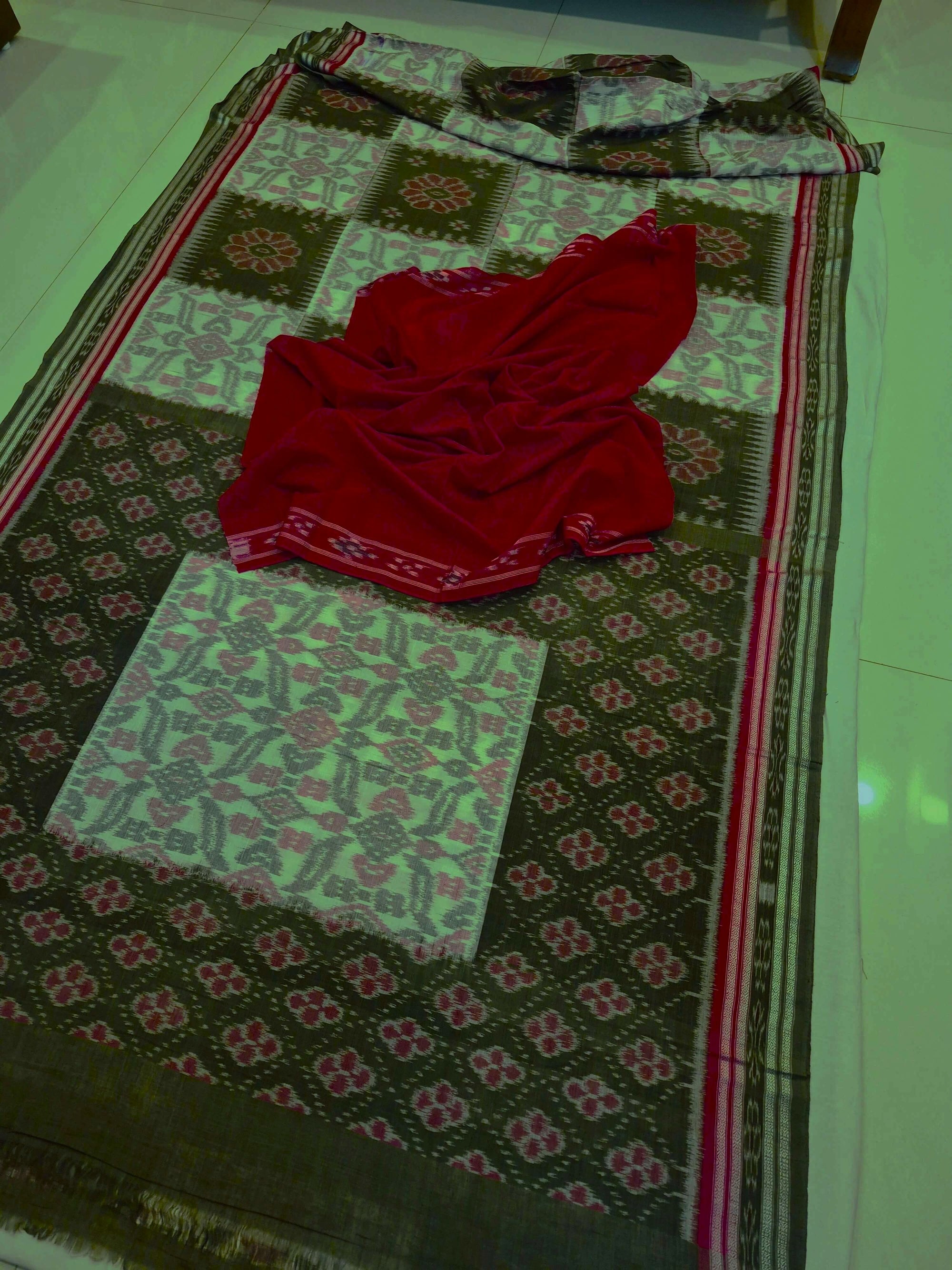 Green Red and White Odisha Ikat saree  with cotton ikat blouse piece