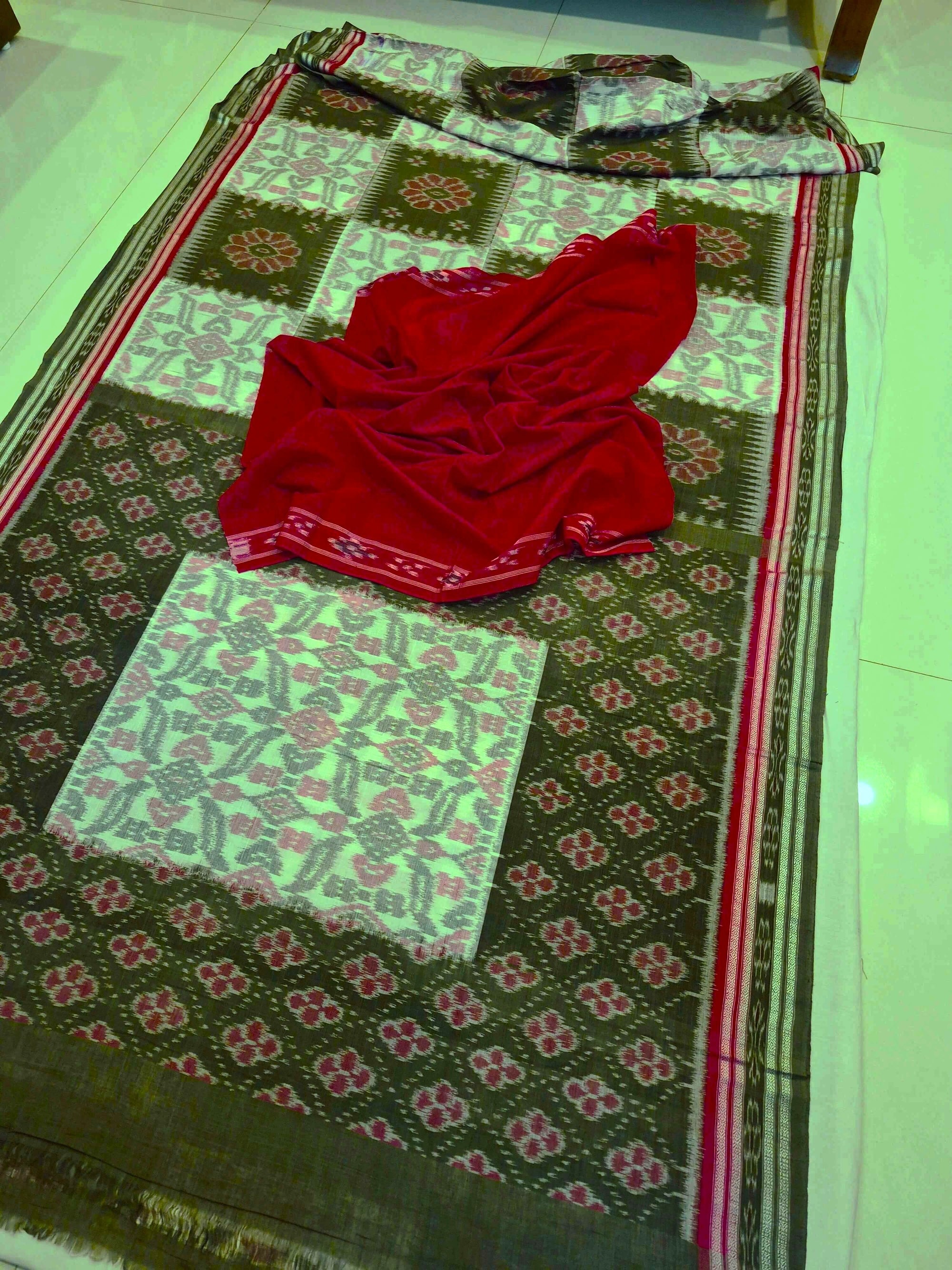 Green Red and White Odisha Ikat saree  with cotton ikat blouse piece