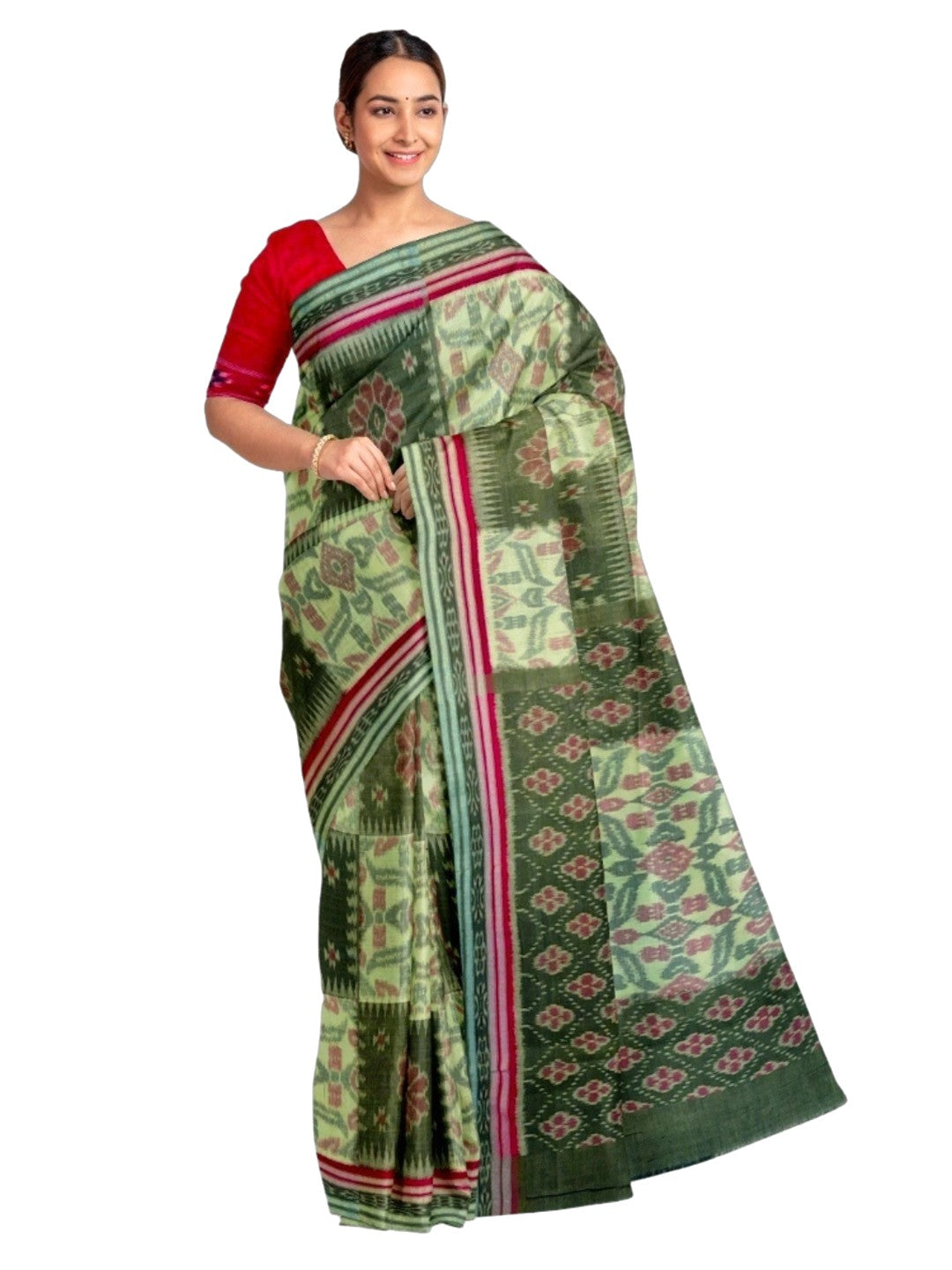 Green Red and White Odisha Ikat saree  with cotton ikat blouse piece