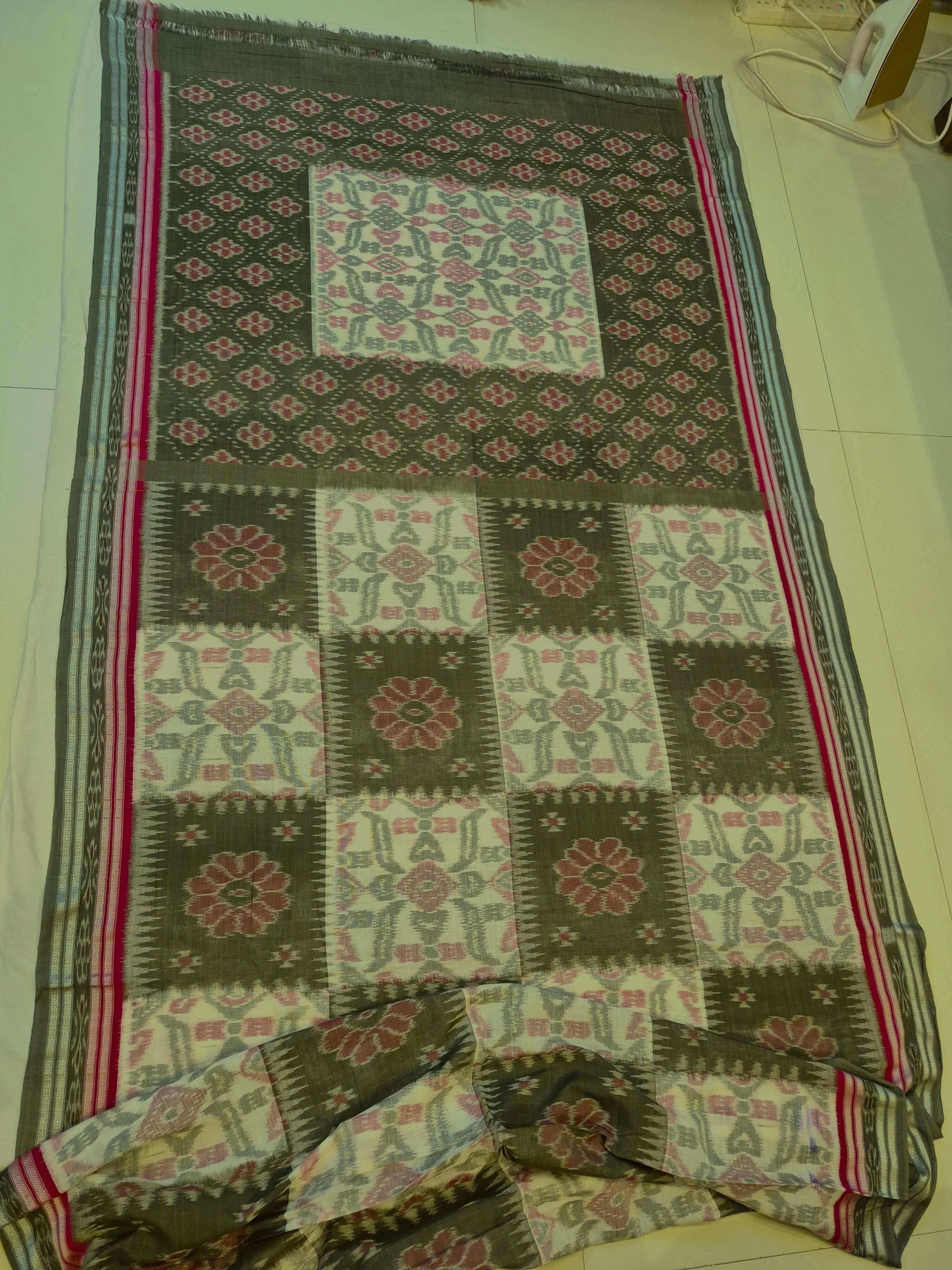 Green Red and White Odisha Ikat saree  with cotton ikat blouse piece