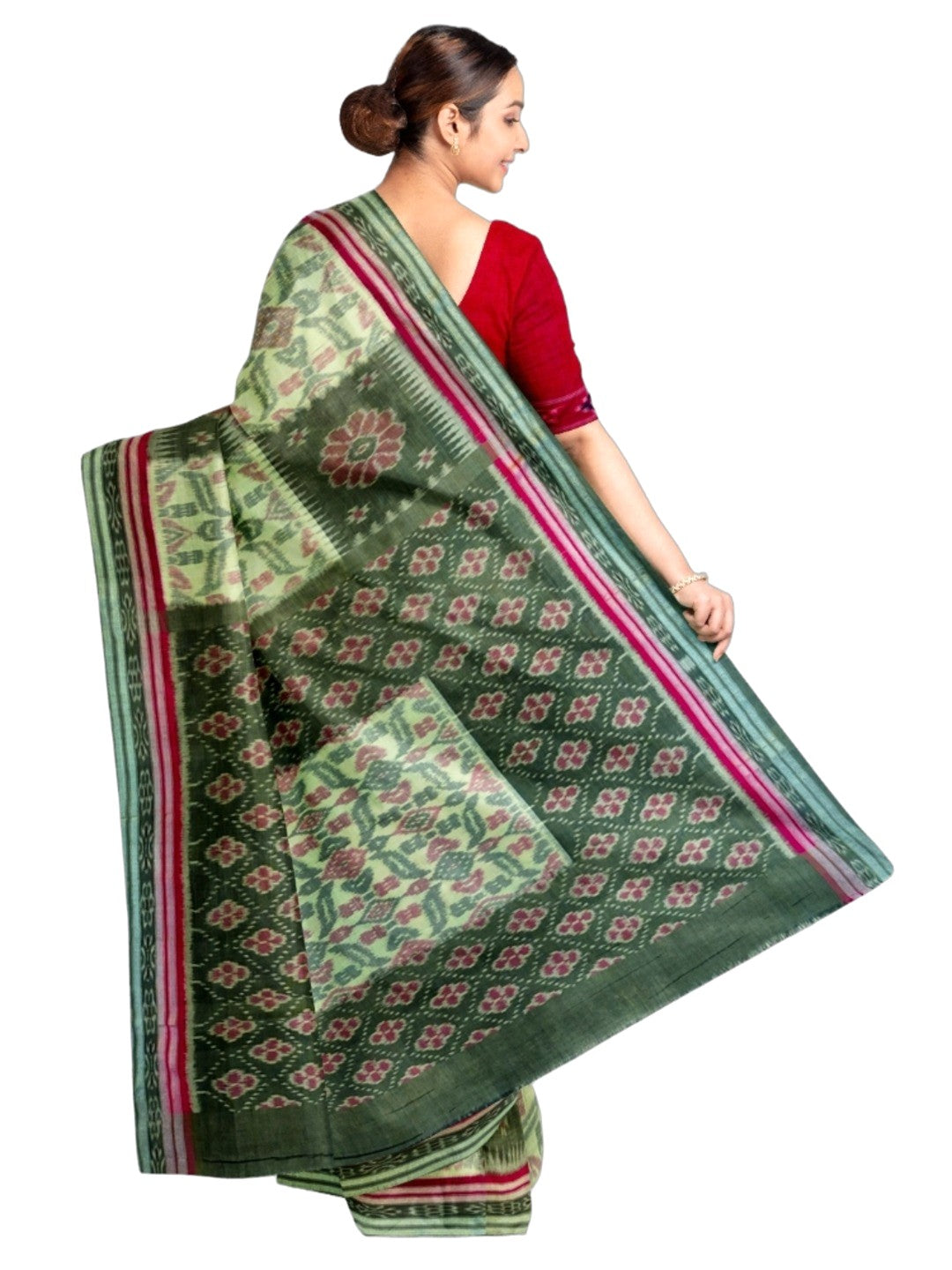 Green Red and White Odisha Ikat saree  with cotton ikat blouse piece