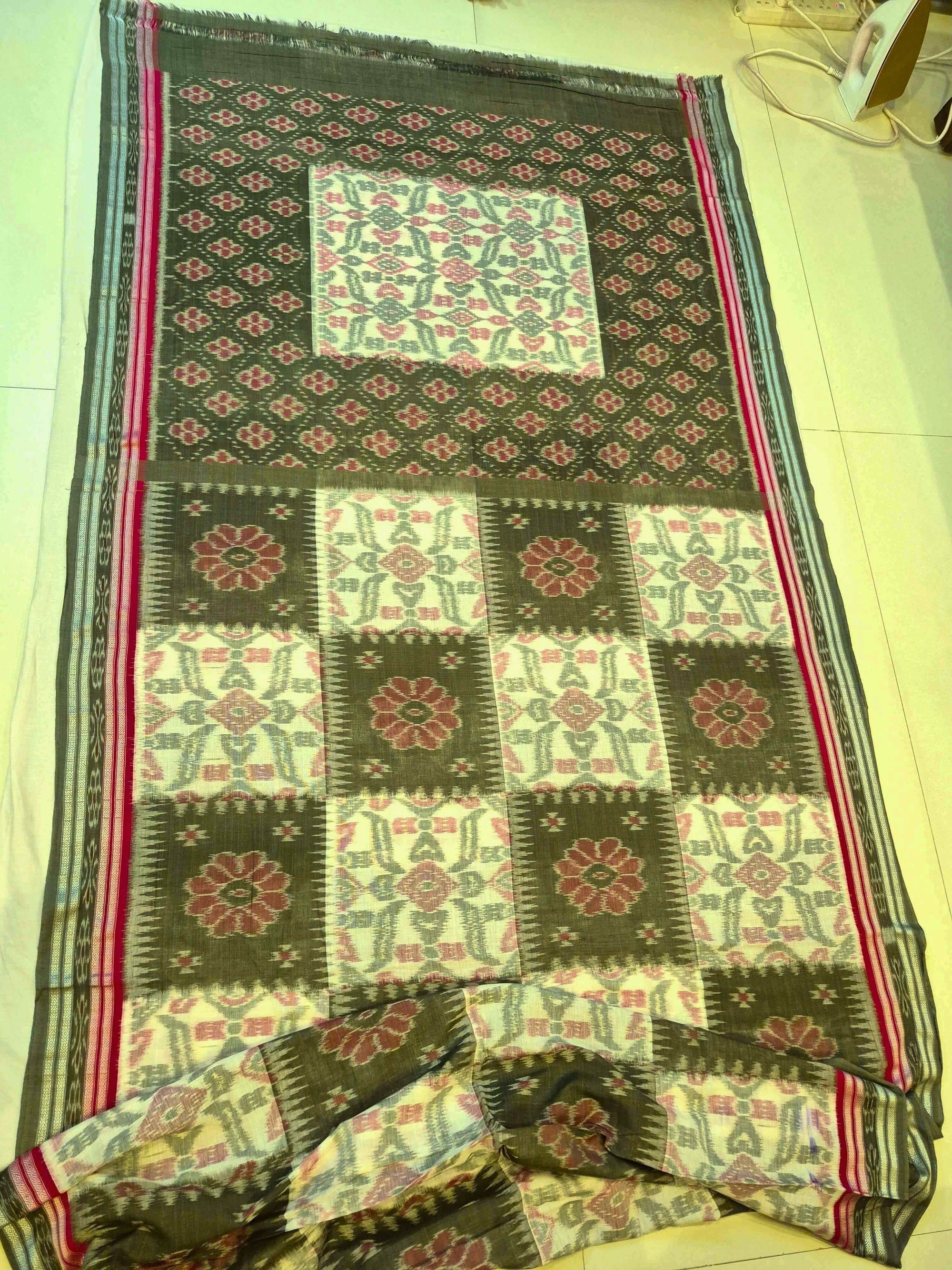 Green Red and White Odisha Ikat saree  with cotton ikat blouse piece