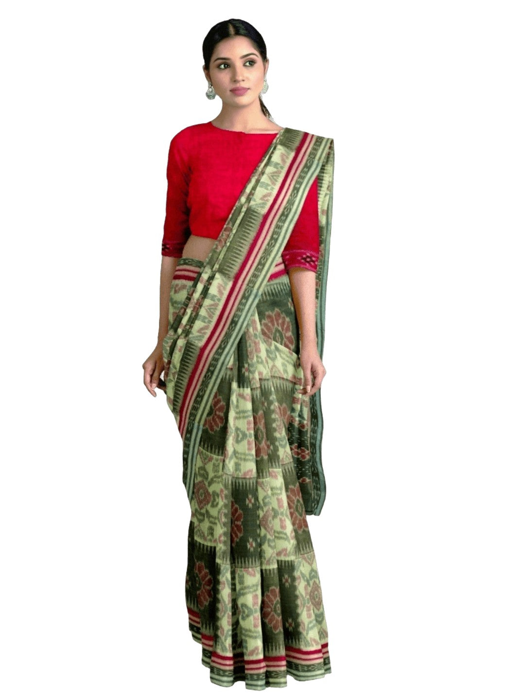 Green Red and White Odisha Ikat saree  with cotton ikat blouse piece
