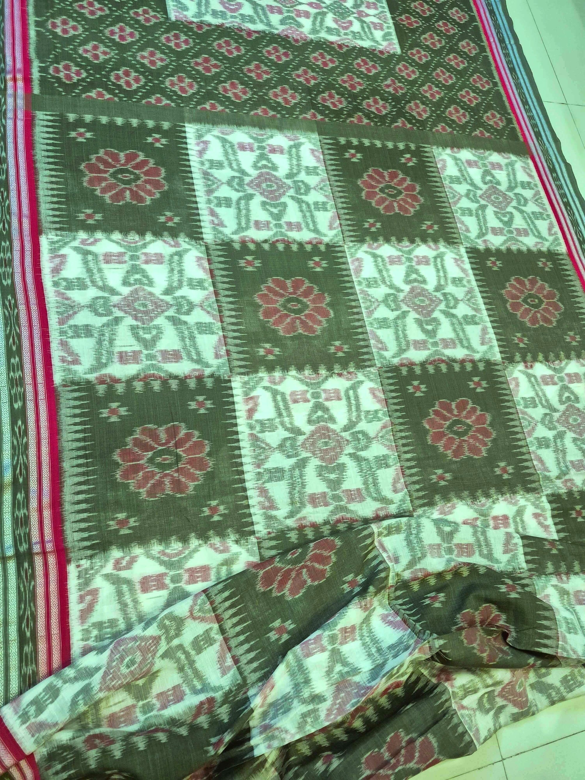 Green Red and White Odisha Ikat saree  with cotton ikat blouse piece