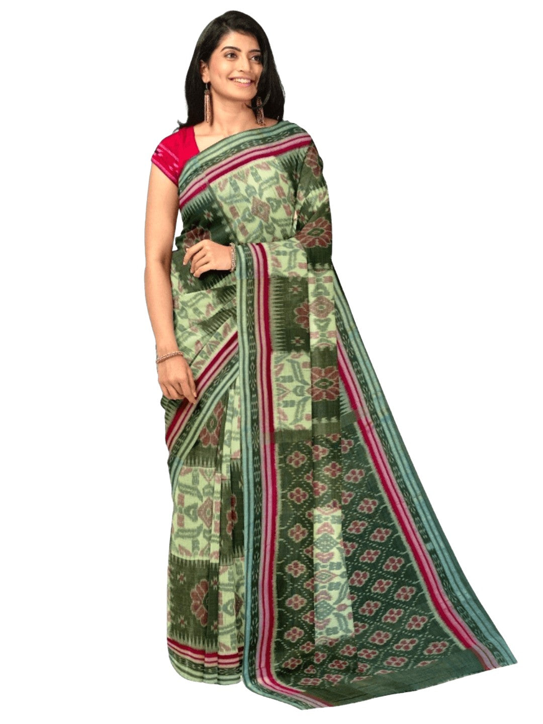 Green Red and White Odisha Ikat saree  with cotton ikat blouse piece
