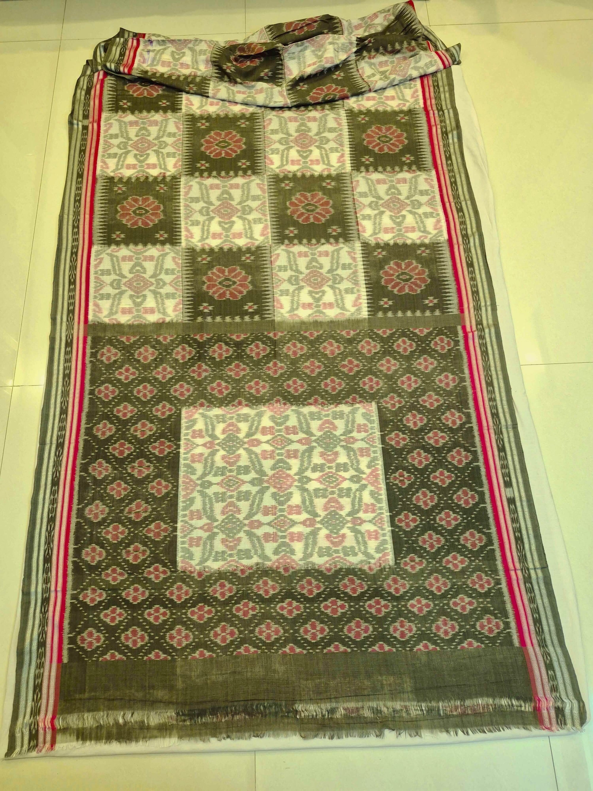 Green Red and White Odisha Ikat saree  with cotton ikat blouse piece