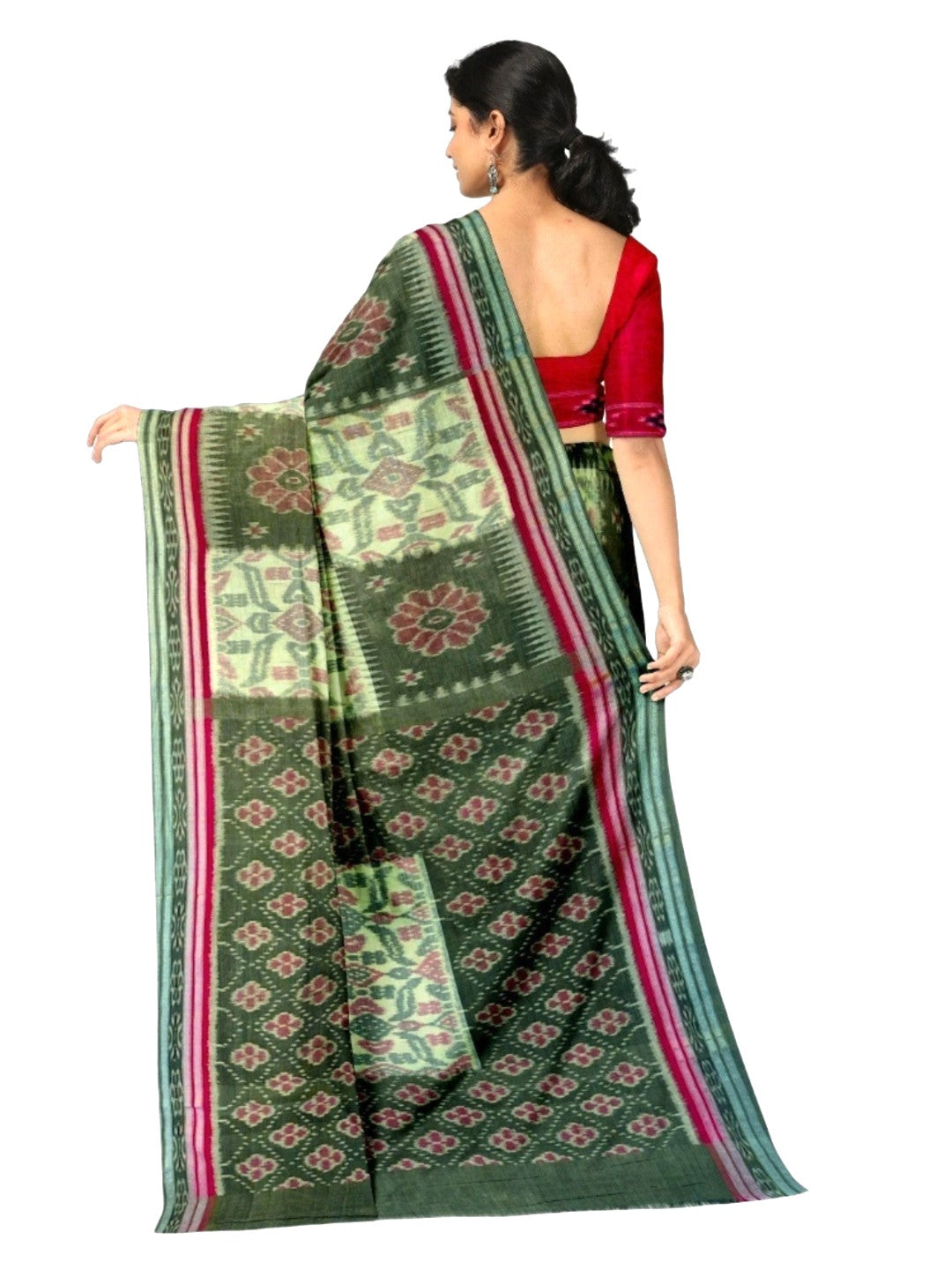Green Red and White Odisha Ikat saree  with cotton ikat blouse piece