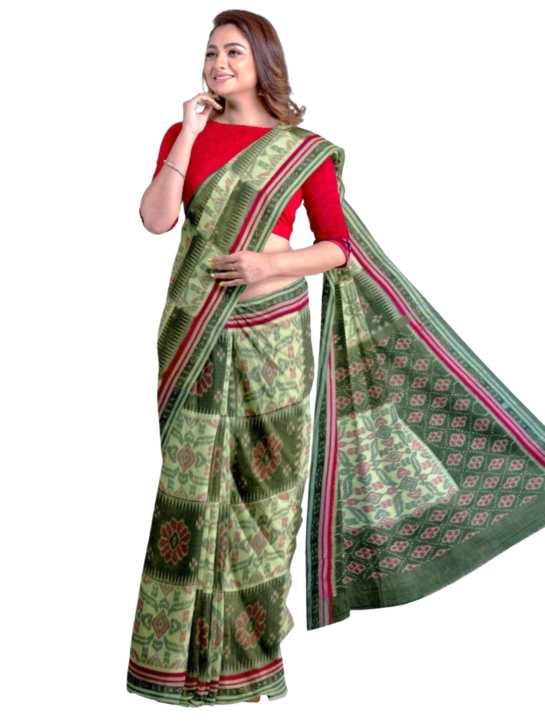 Green Red and White Odisha Ikat saree  with cotton ikat blouse piece
