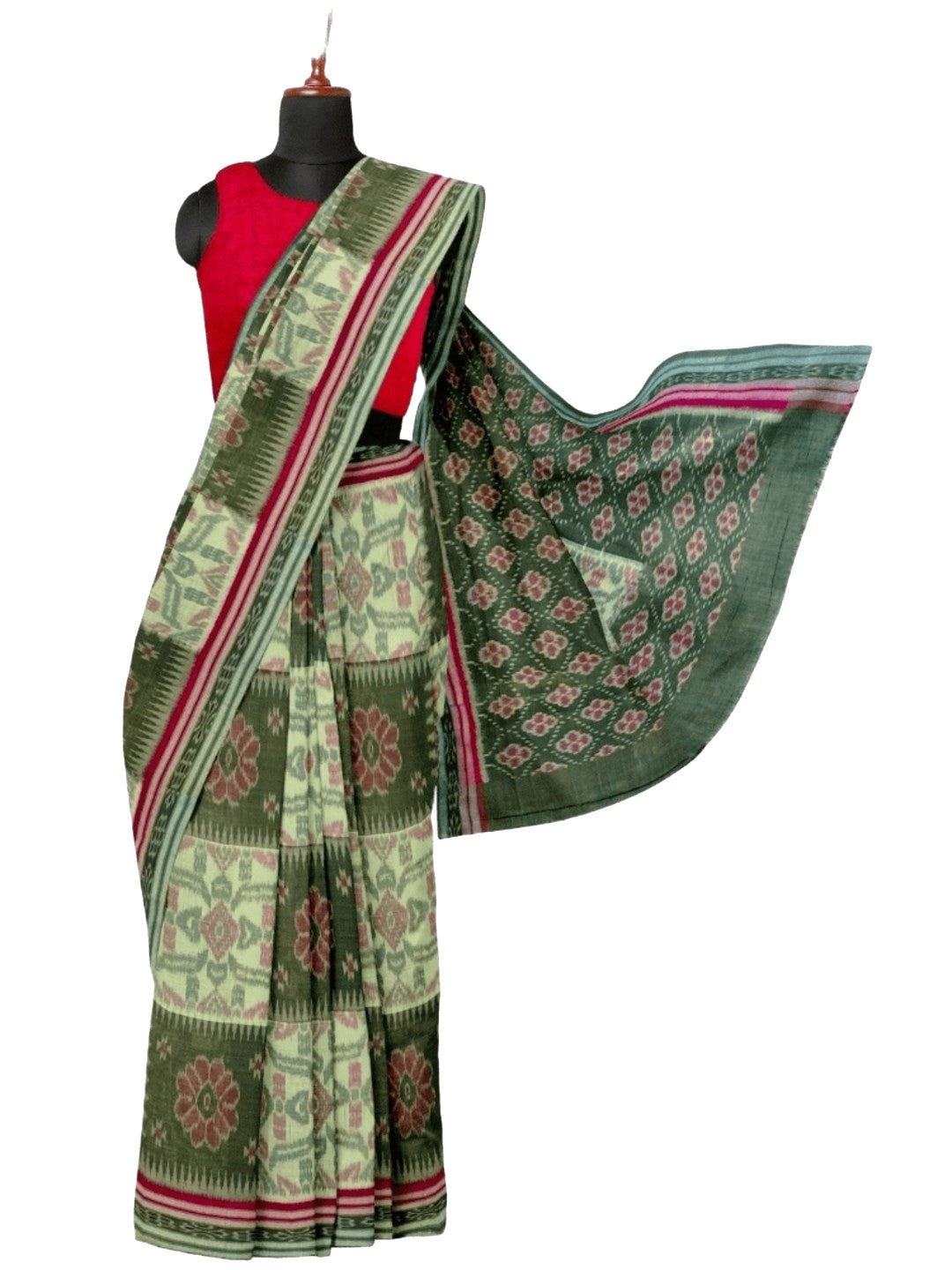Green Red and White Odisha Ikat saree  with cotton ikat blouse piece