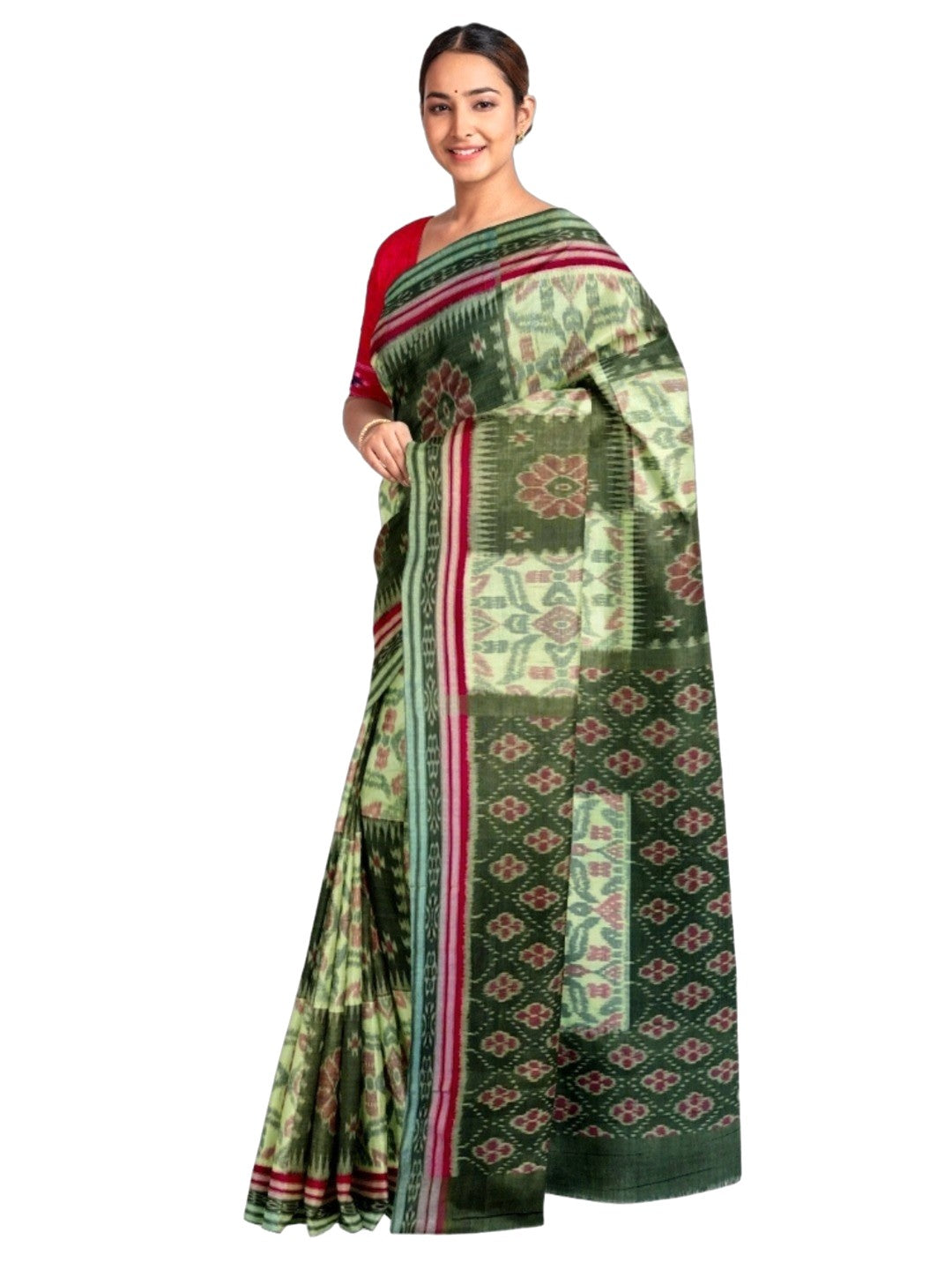 Green Red and White Odisha Ikat saree  with cotton ikat blouse piece