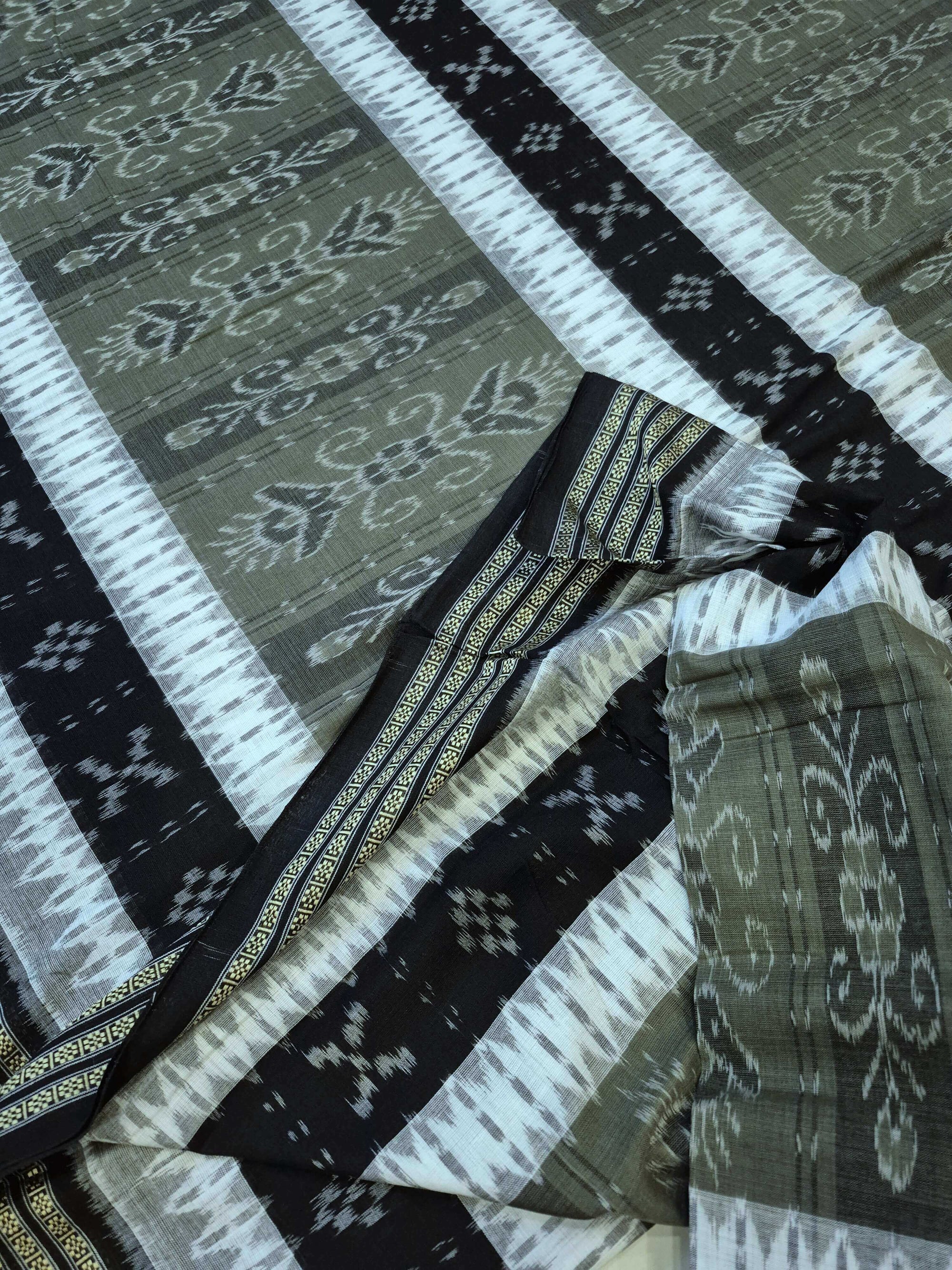 Green with Black Cotton Ikat saree with cotton ikat blouse piece