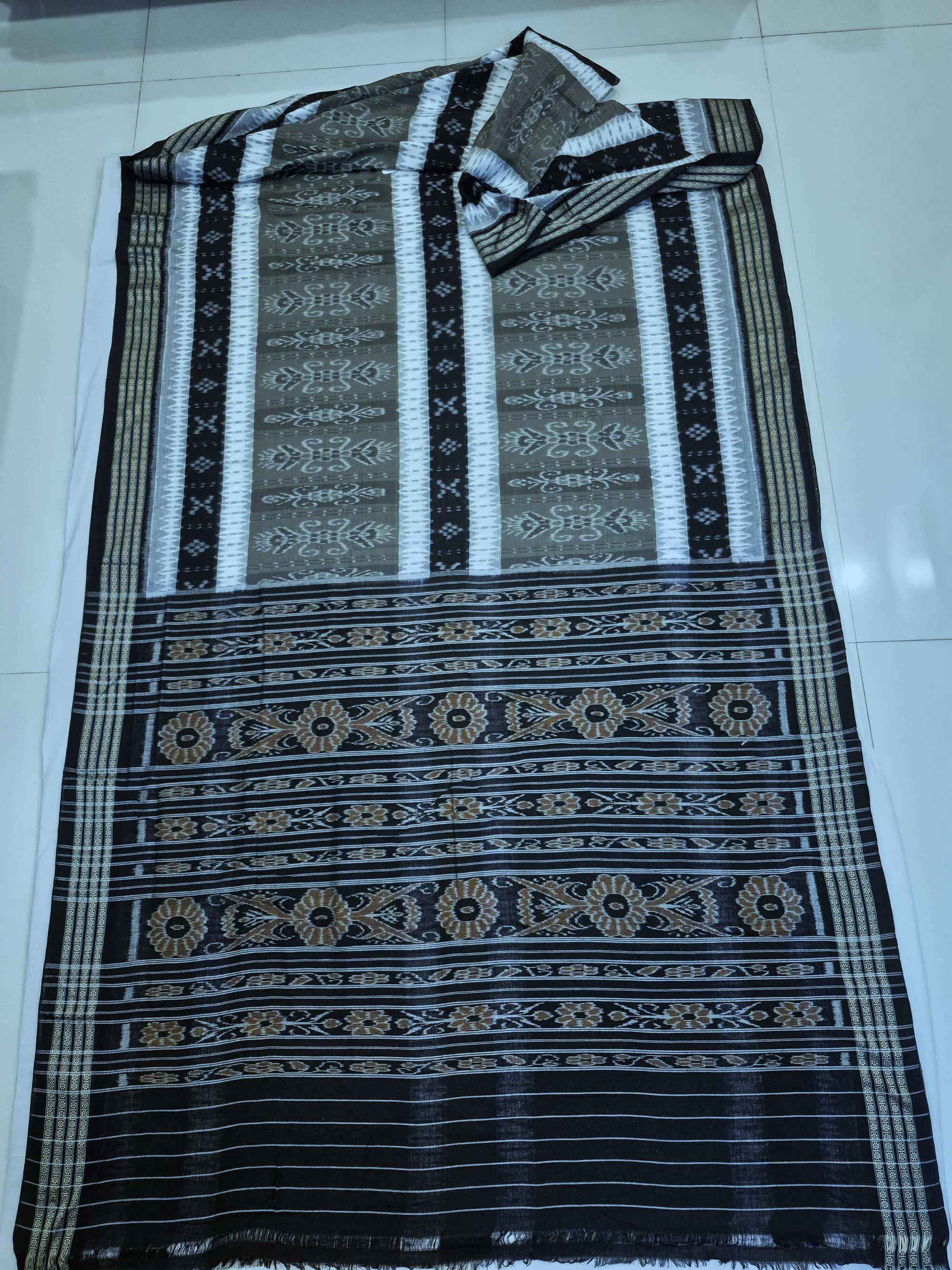 Green with Black Cotton Ikat saree with cotton ikat blouse piece