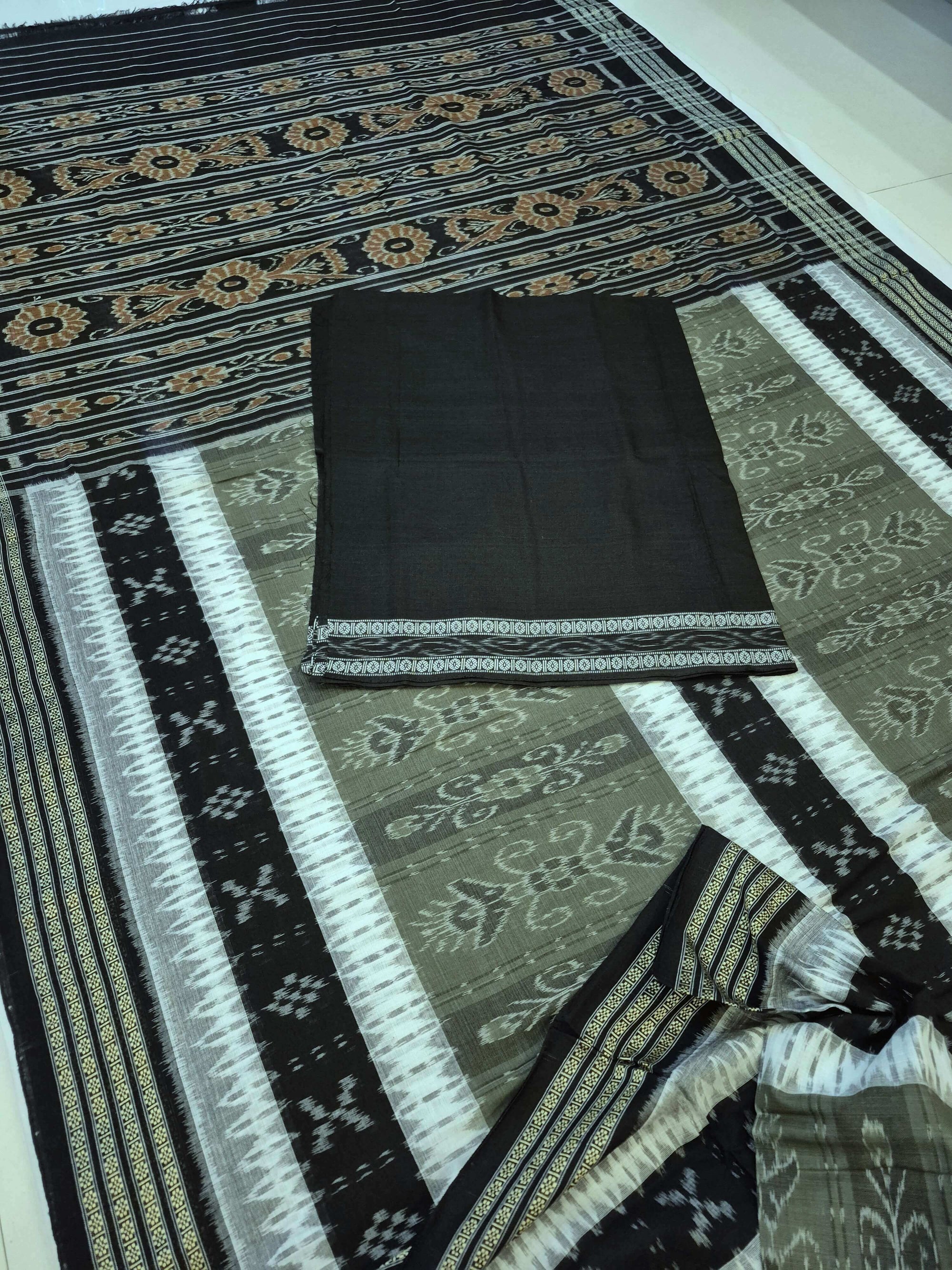 Green with Black Cotton Ikat saree with cotton ikat blouse piece