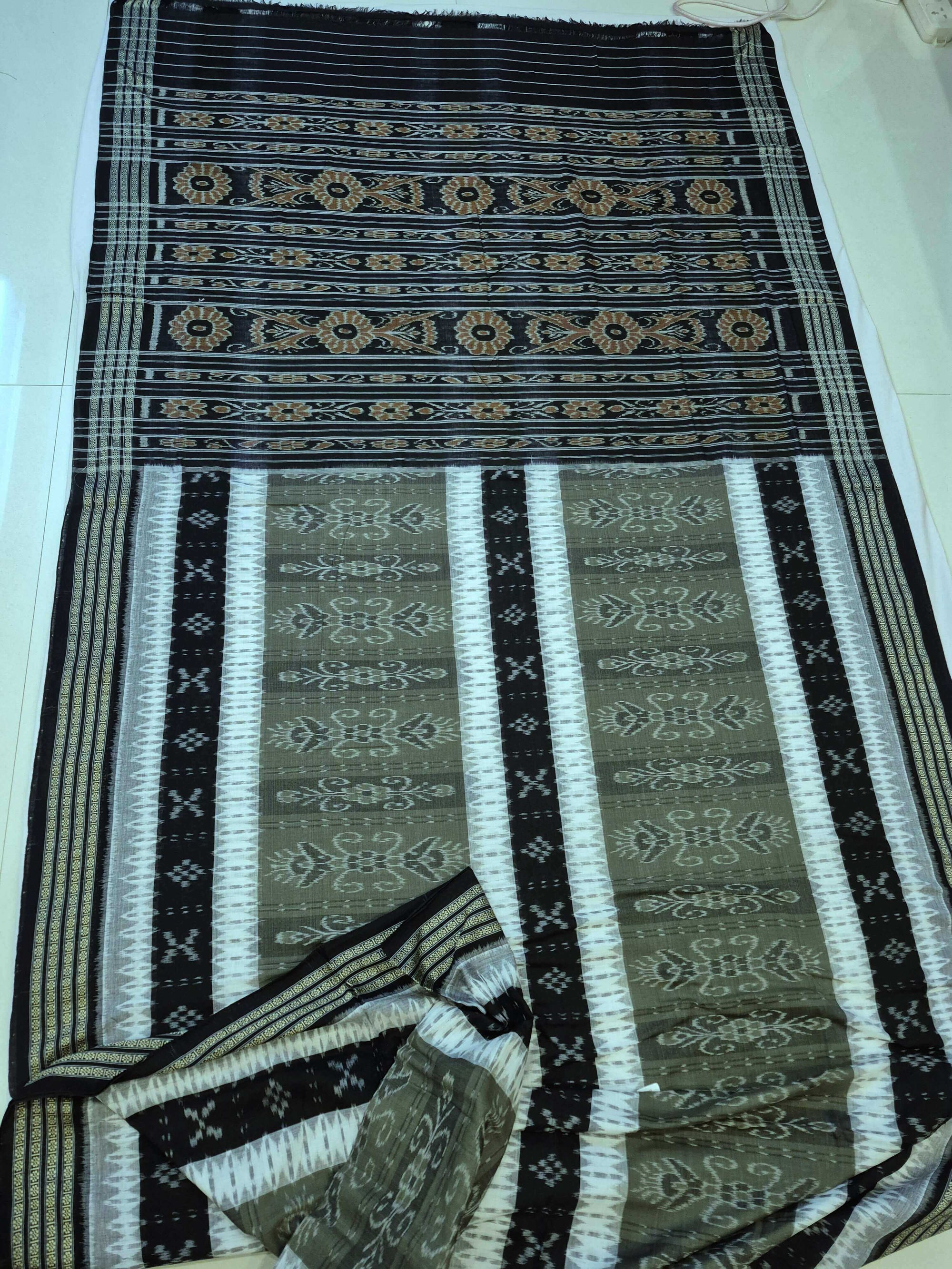 Green with Black Cotton Ikat saree with cotton ikat blouse piece
