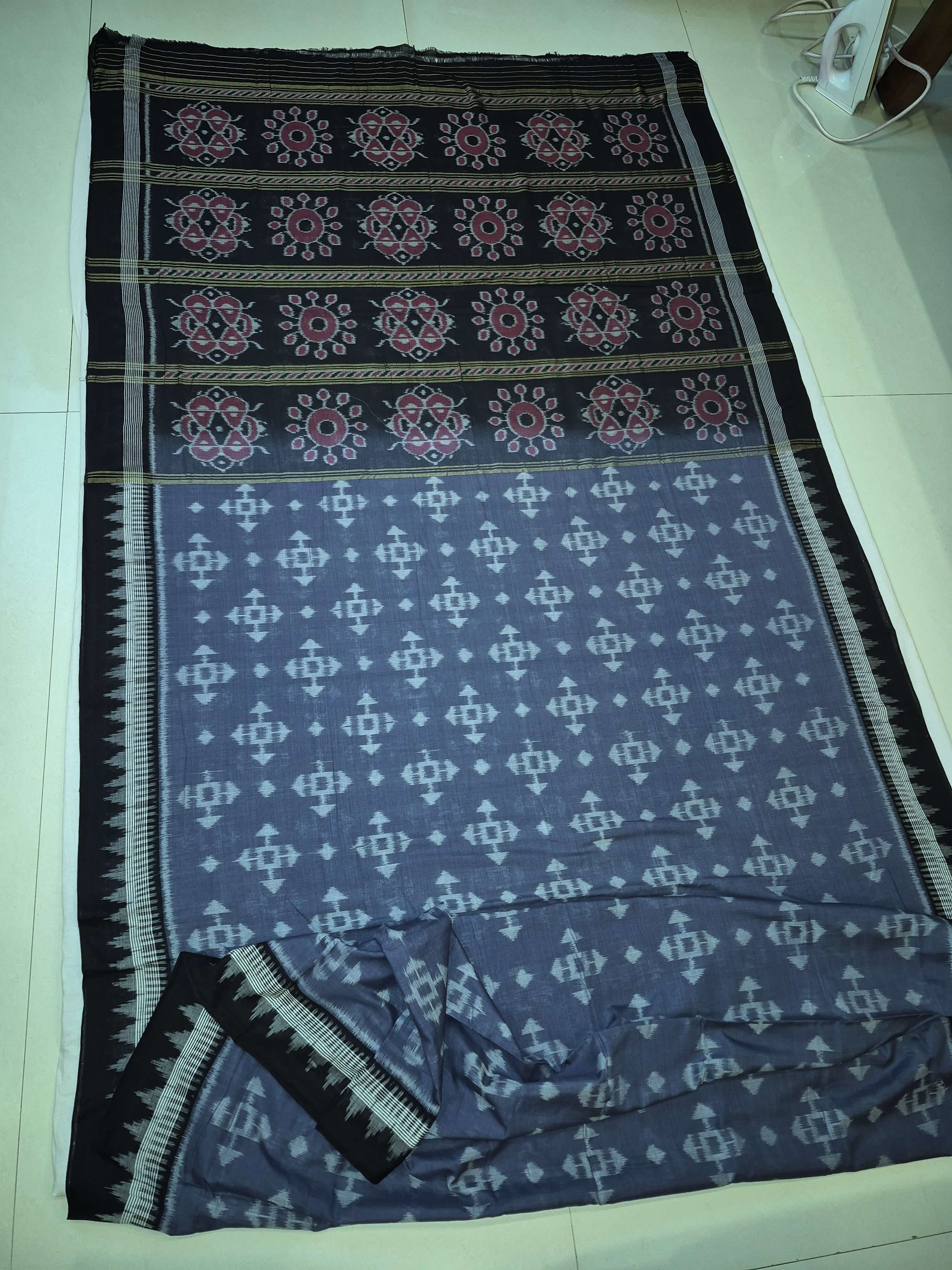Grey Cotton Ikat saree with cotton ikat blouse piece