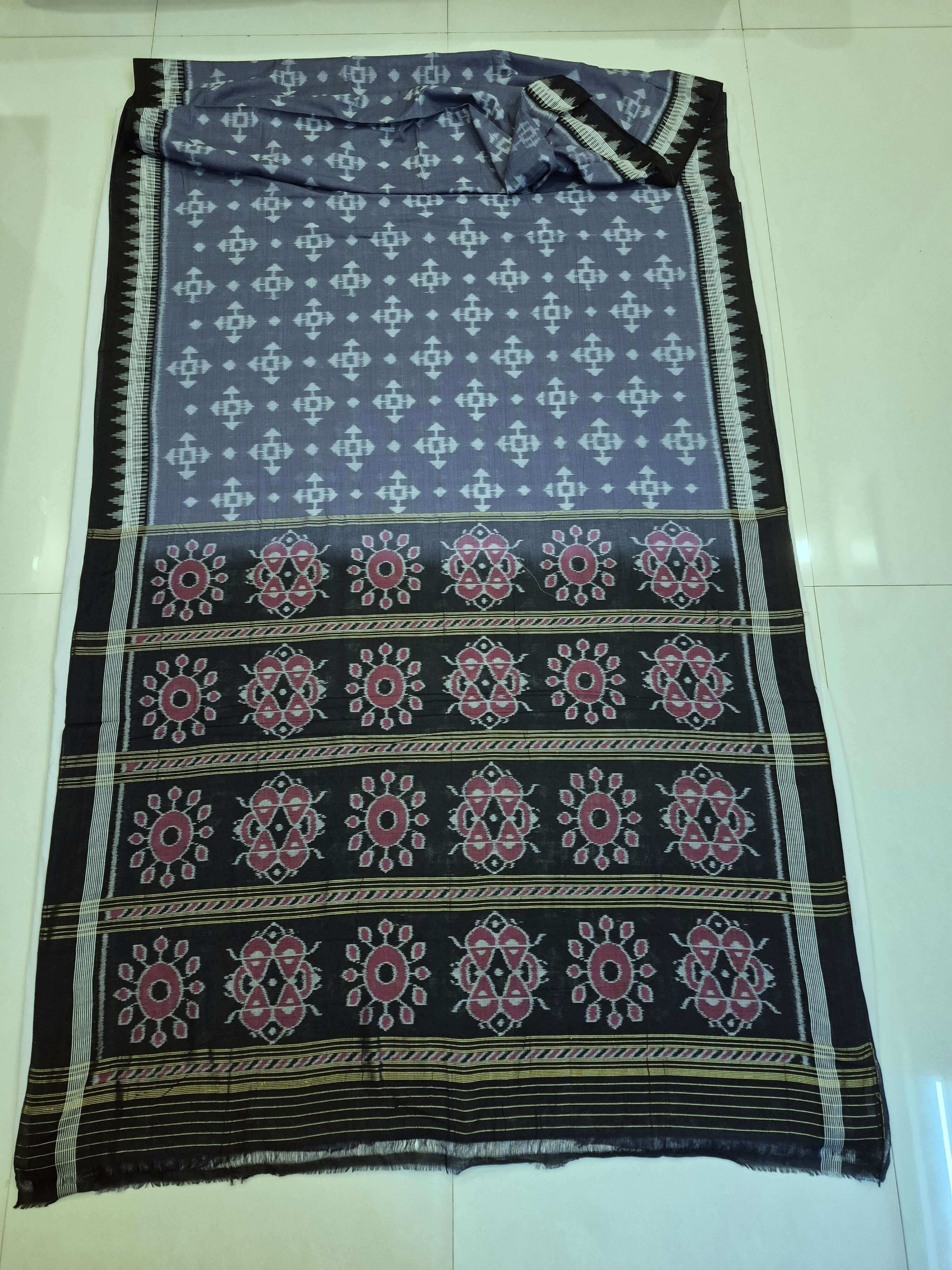 Grey Cotton Ikat saree with cotton ikat blouse piece