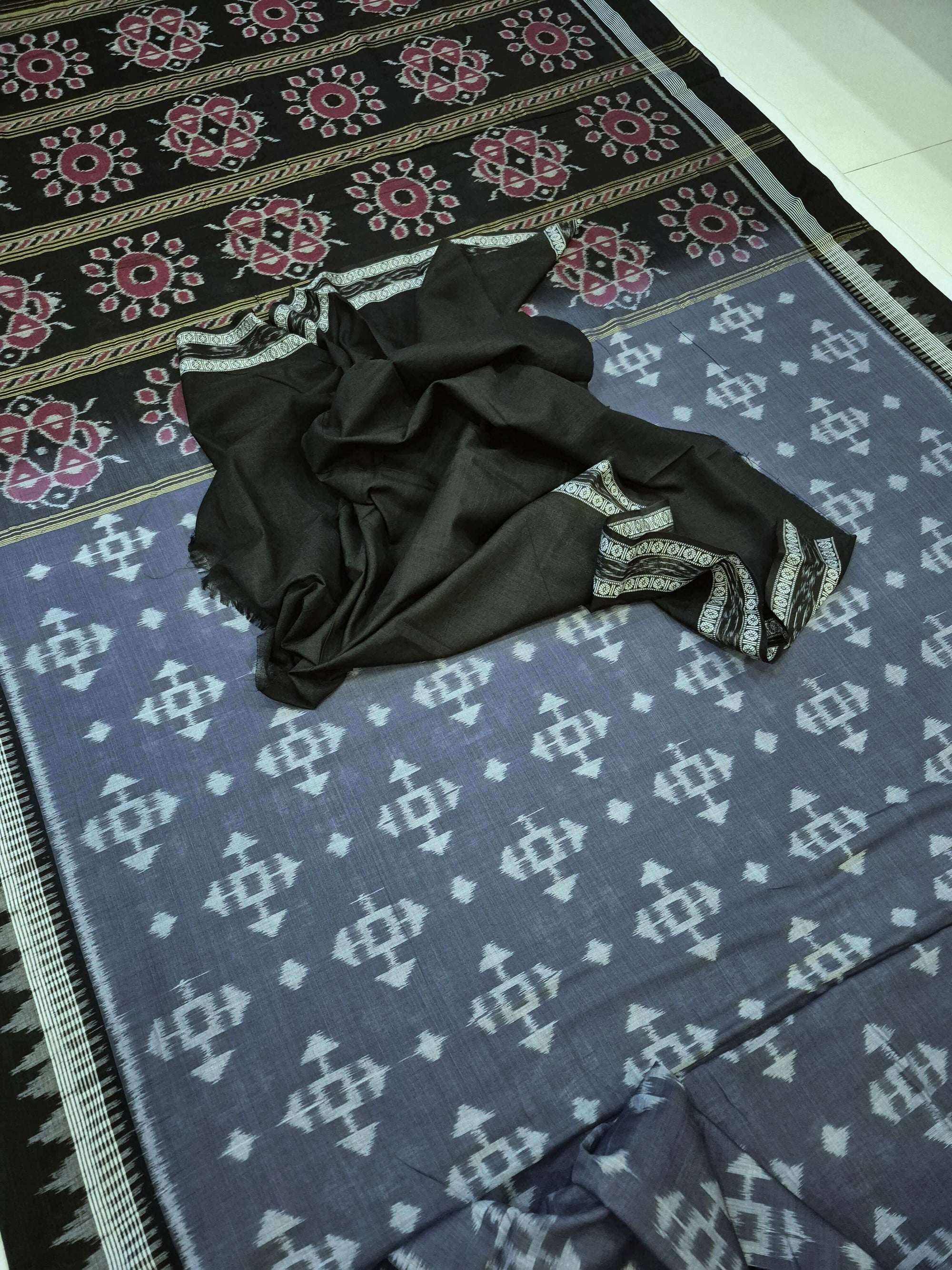 Grey Cotton Ikat saree with cotton ikat blouse piece