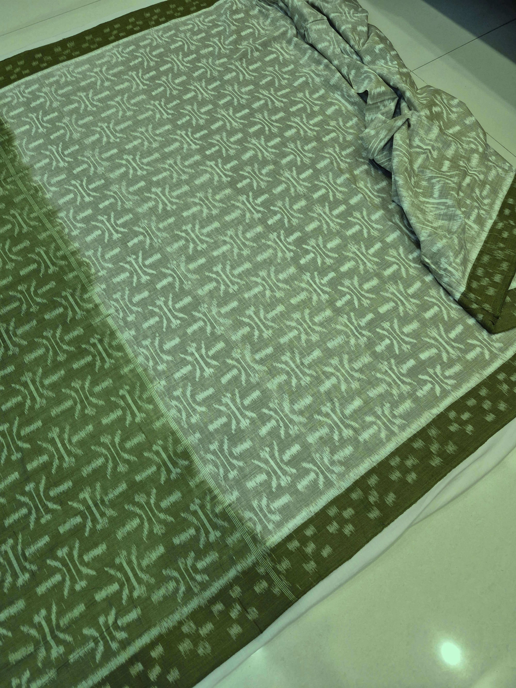 LightGreen Cotton Ikat saree with cotton ikat blouse piece