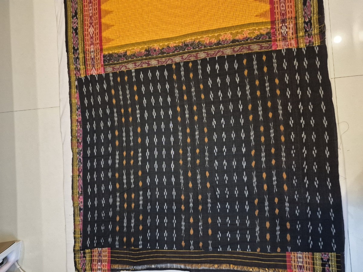 Yellow double order Sachipar Nuapatna Cotton Ikat saree with cotton ikat blouse piece