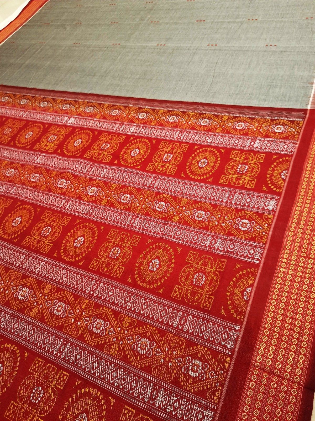 Grey and Red Sambalpuri Cotton Bomkai Saree with running blouse piece