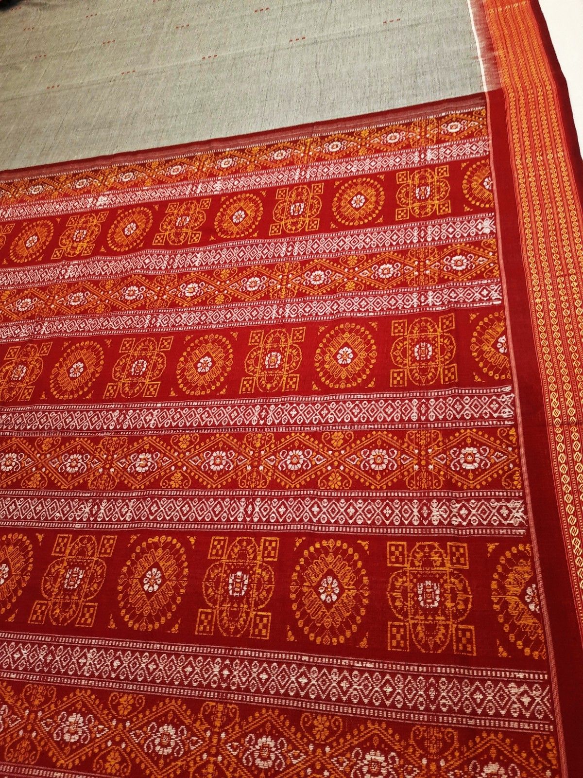 Grey and Red Sambalpuri Cotton Bomkai Saree with running blouse piece