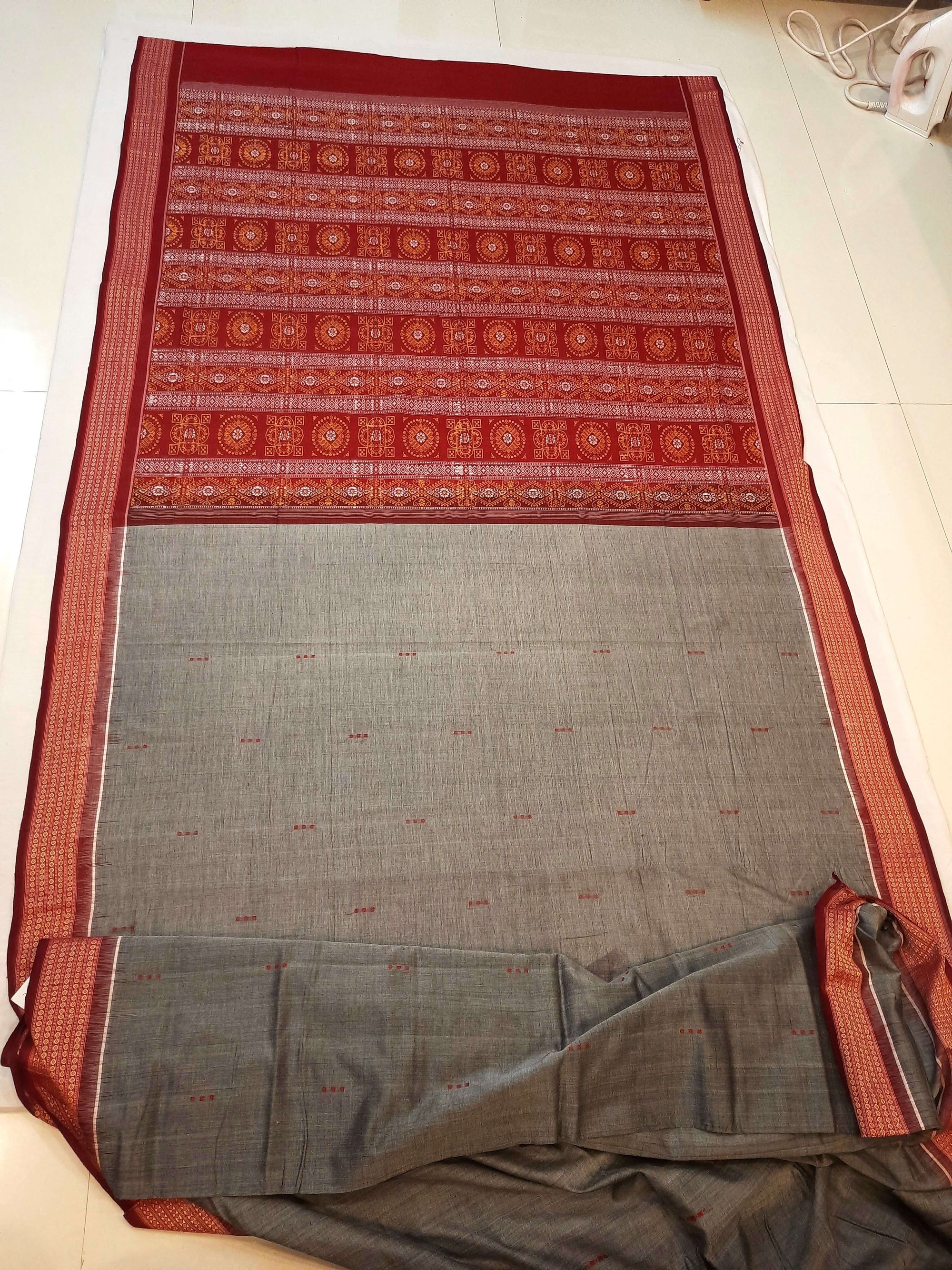 Grey and Red Sambalpuri Cotton Bomkai Saree with running blouse piece