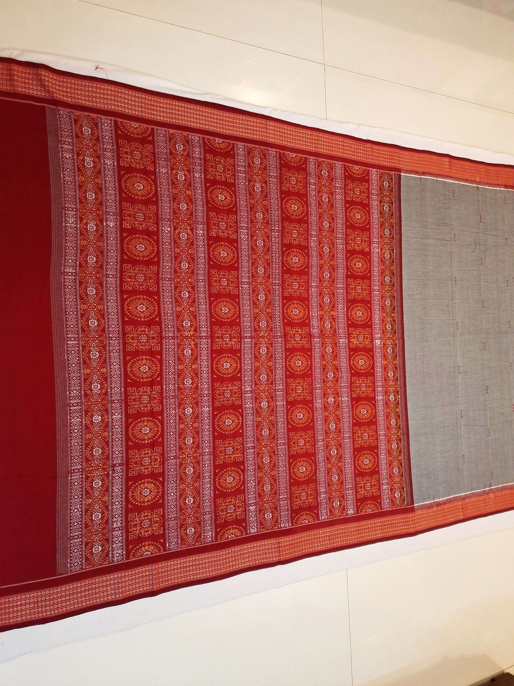 Grey and Red Sambalpuri Cotton Bomkai Saree with running blouse piece