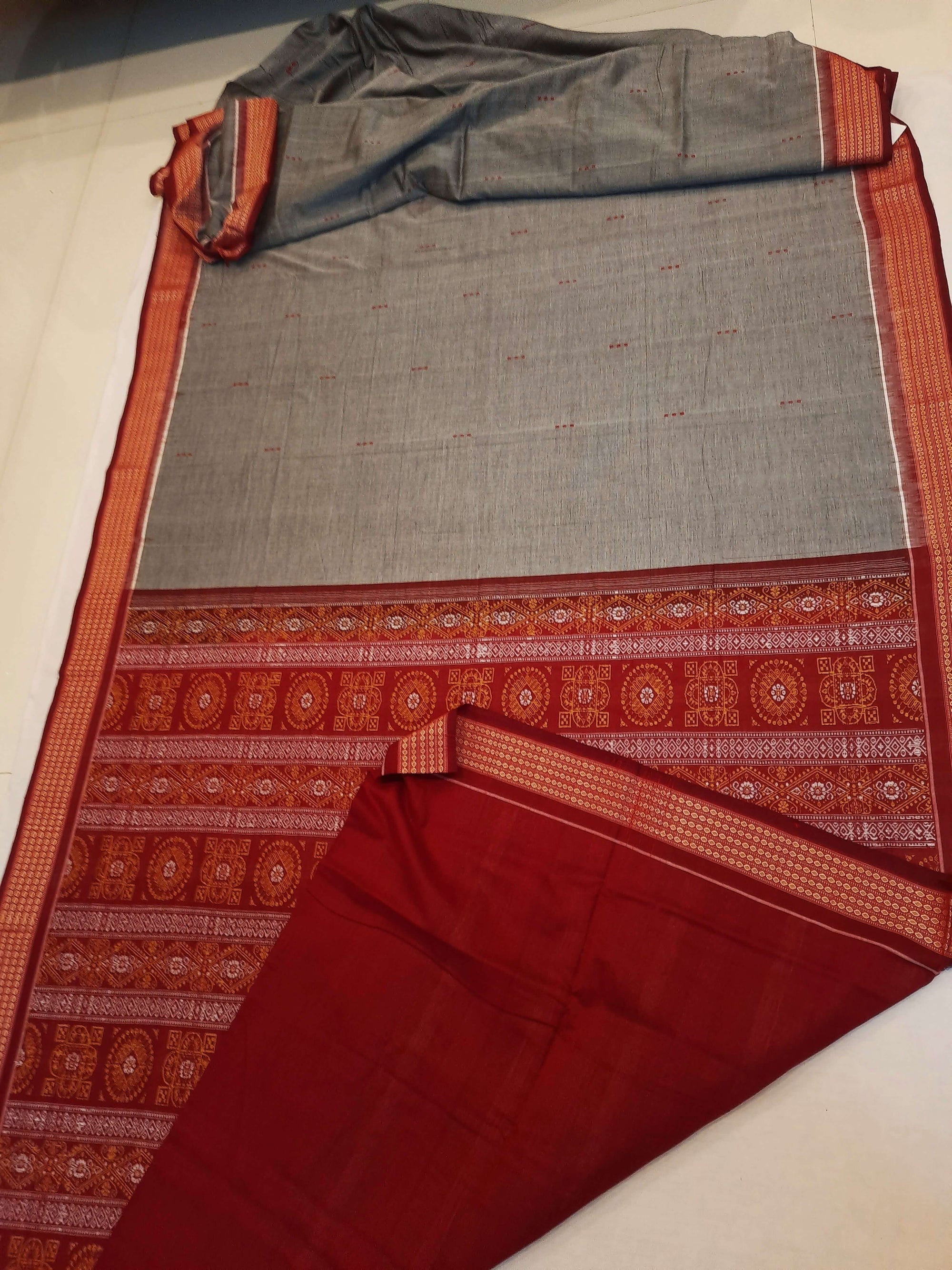 Grey and Red Sambalpuri Cotton Bomkai Saree with running blouse piece