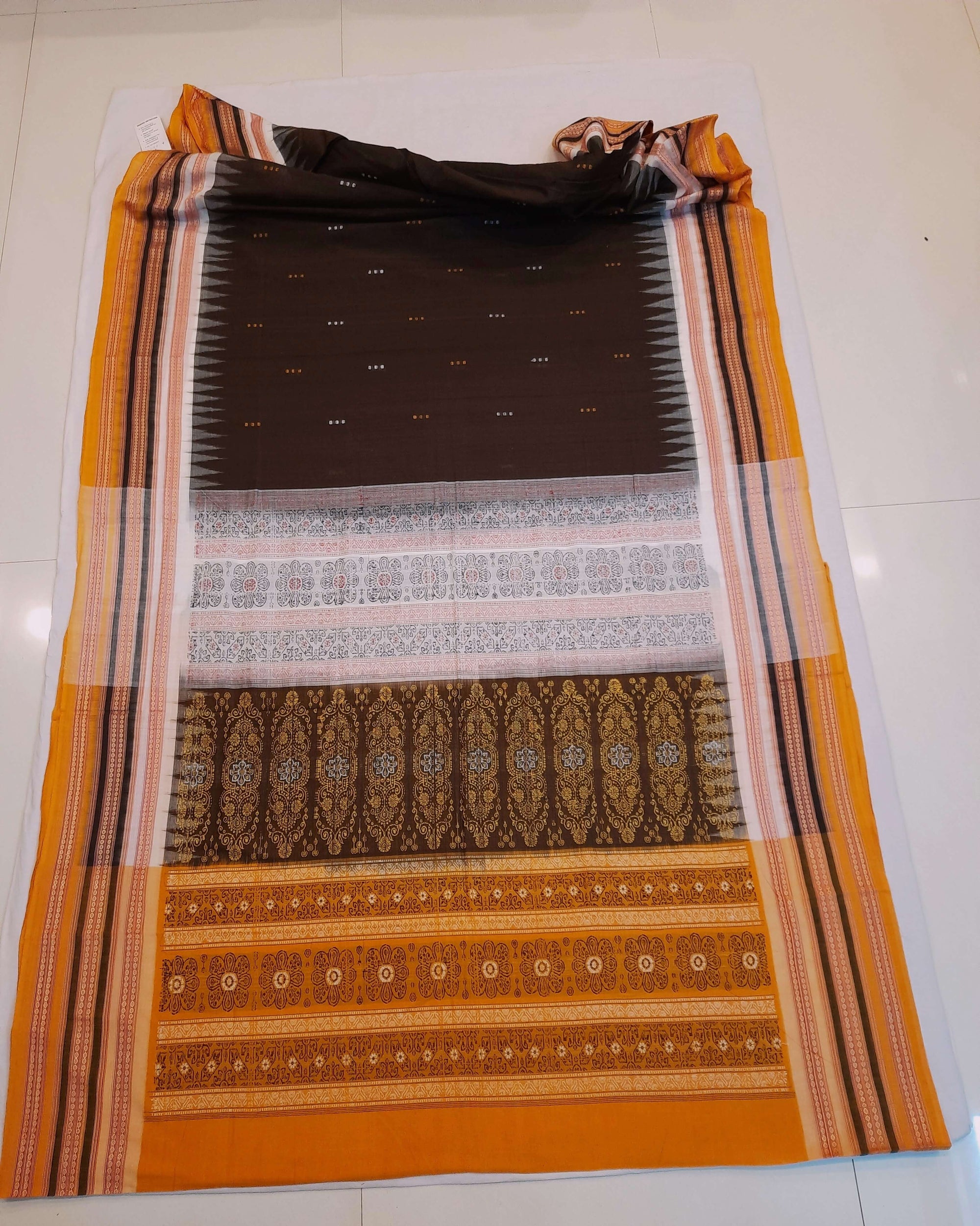 Dark Brown wide border Sambalpuri Cotton Saree with running blouse piece