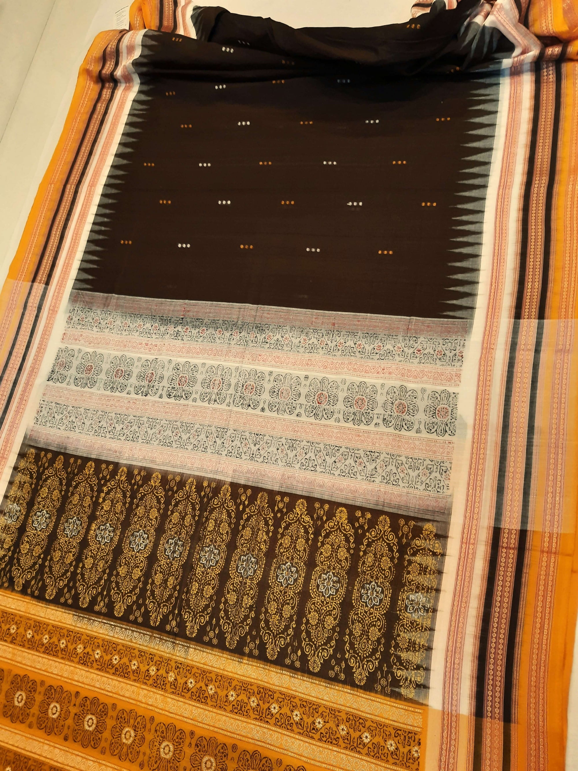 Dark Brown wide border Sambalpuri Cotton Saree with running blouse piece