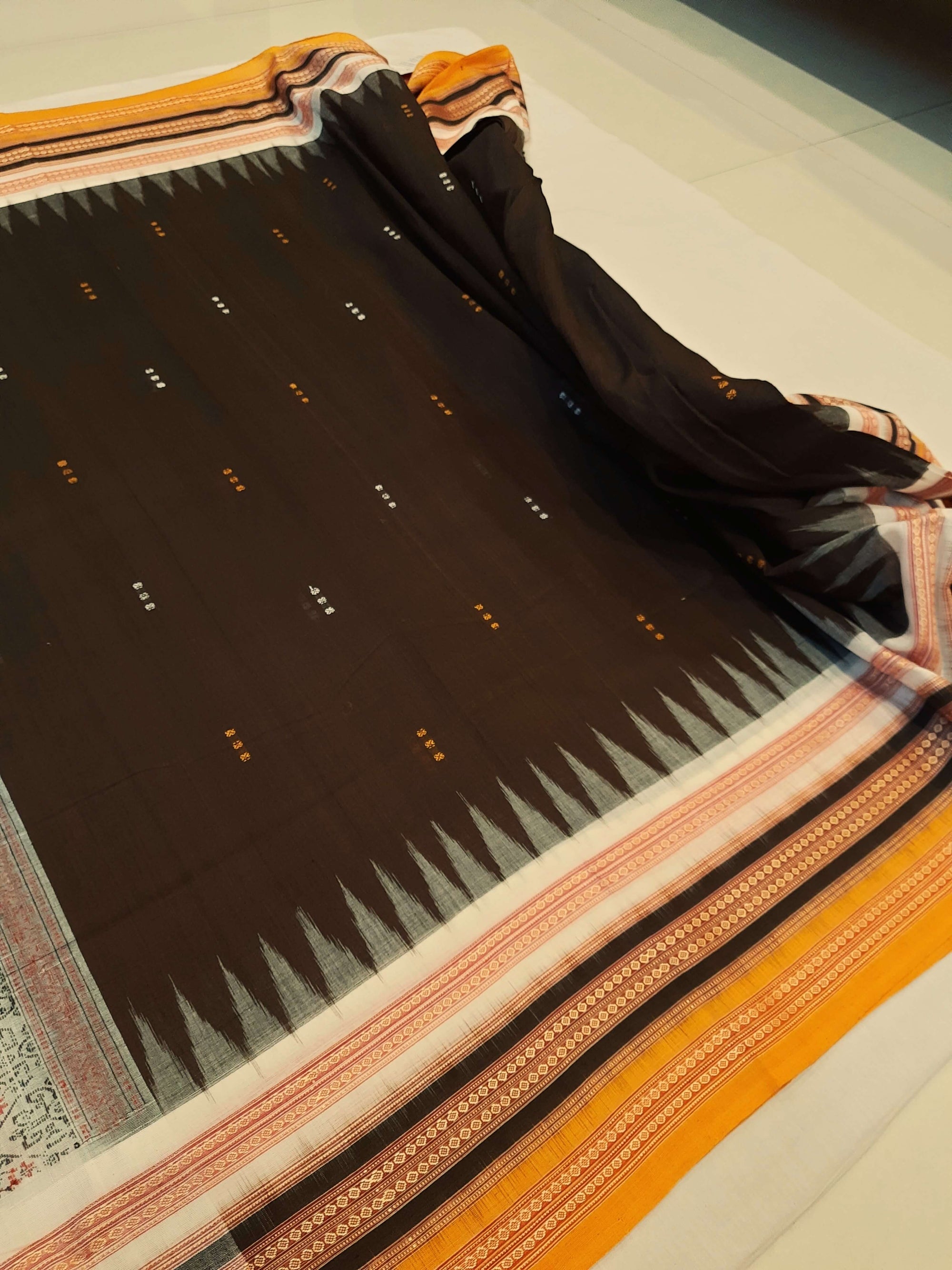 Dark Brown wide border Sambalpuri Cotton Saree with running blouse piece