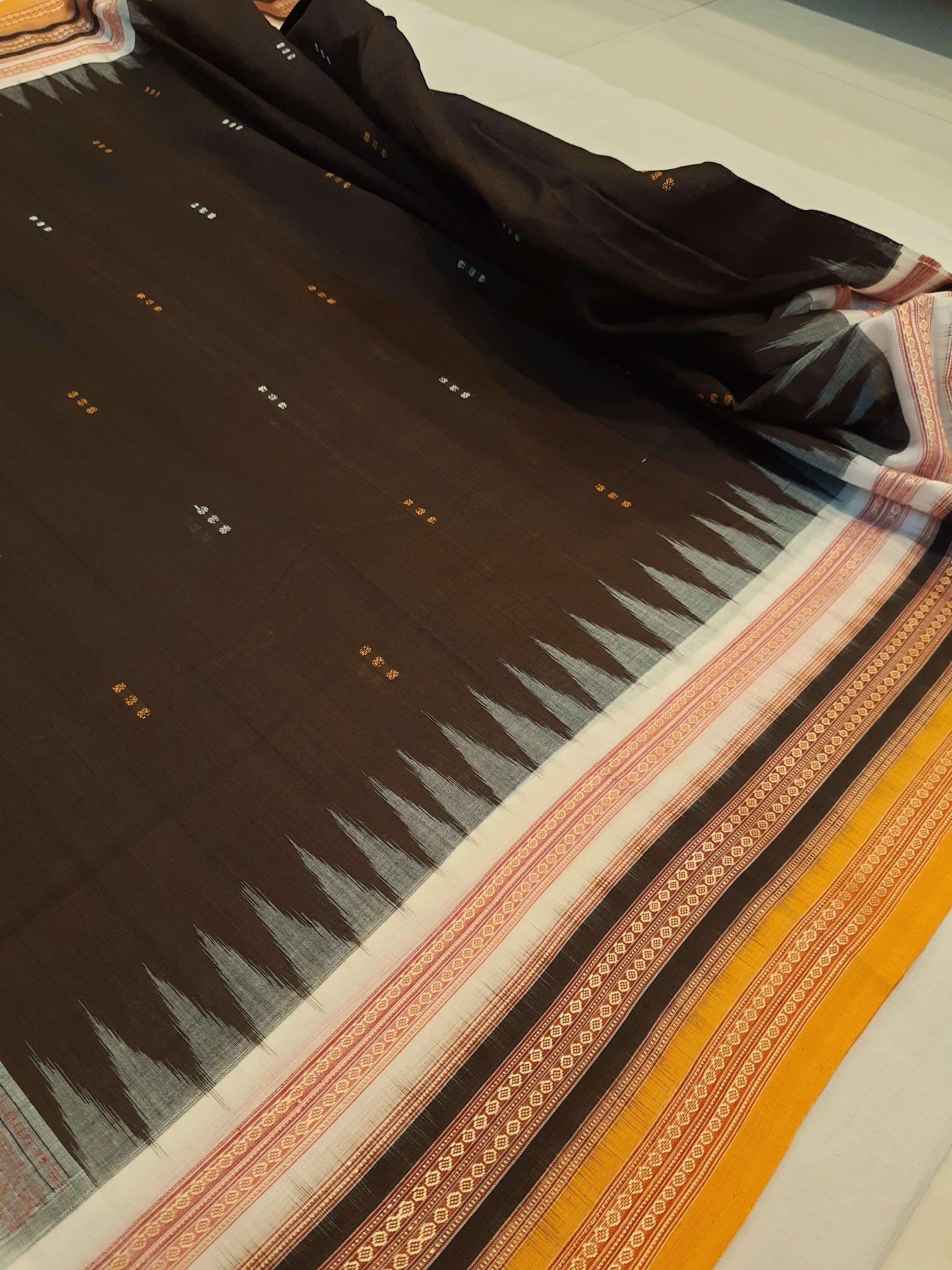 Dark Brown wide border Sambalpuri Cotton Saree with running blouse piece