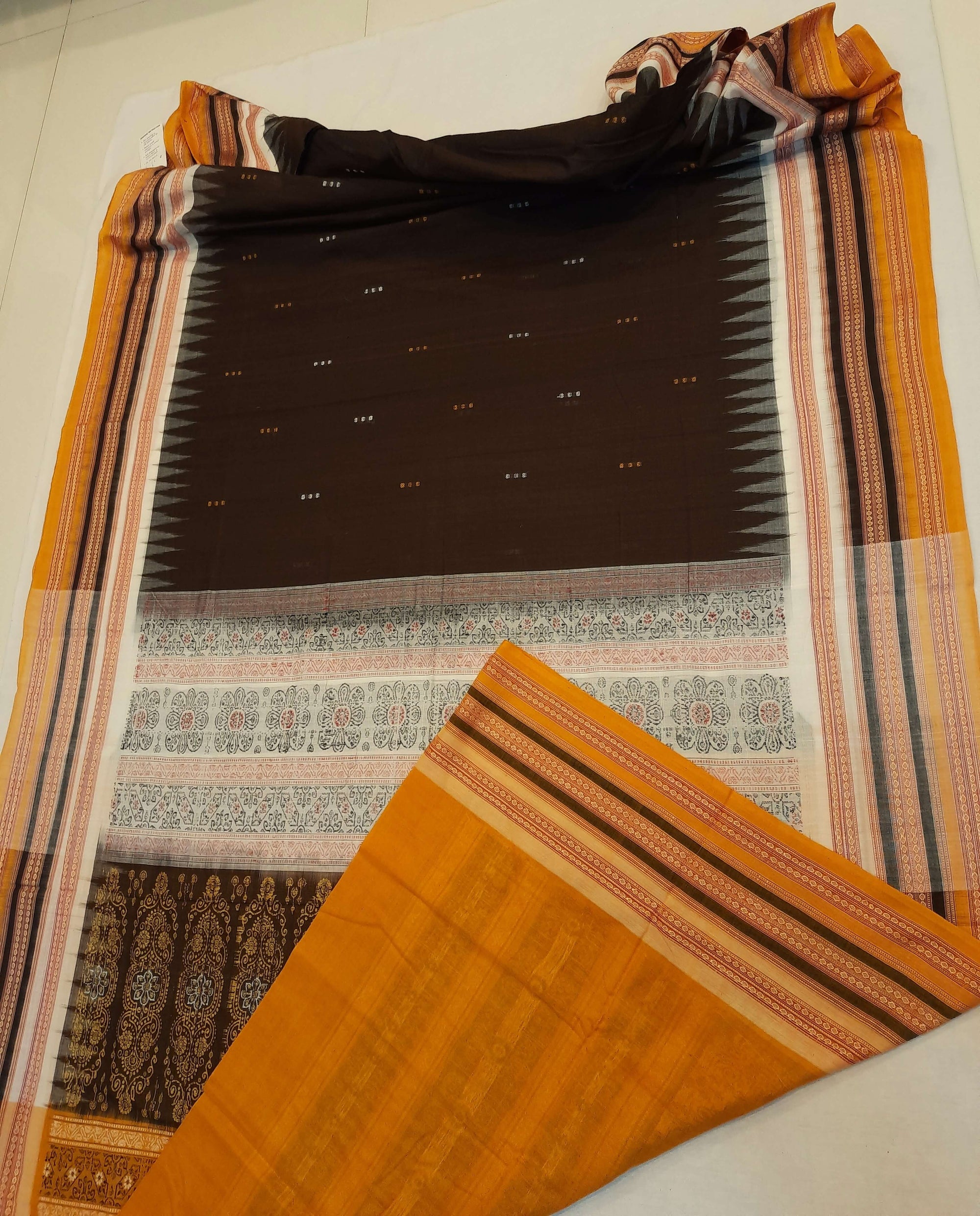 Dark Brown wide border Sambalpuri Cotton Saree with running blouse piece
