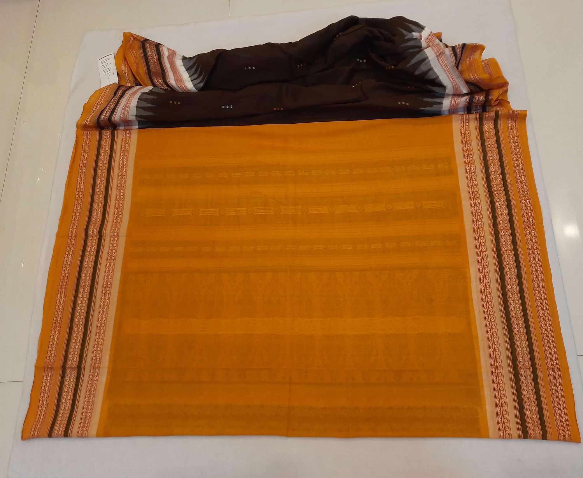 Dark Brown wide border Sambalpuri Cotton Saree with running blouse piece