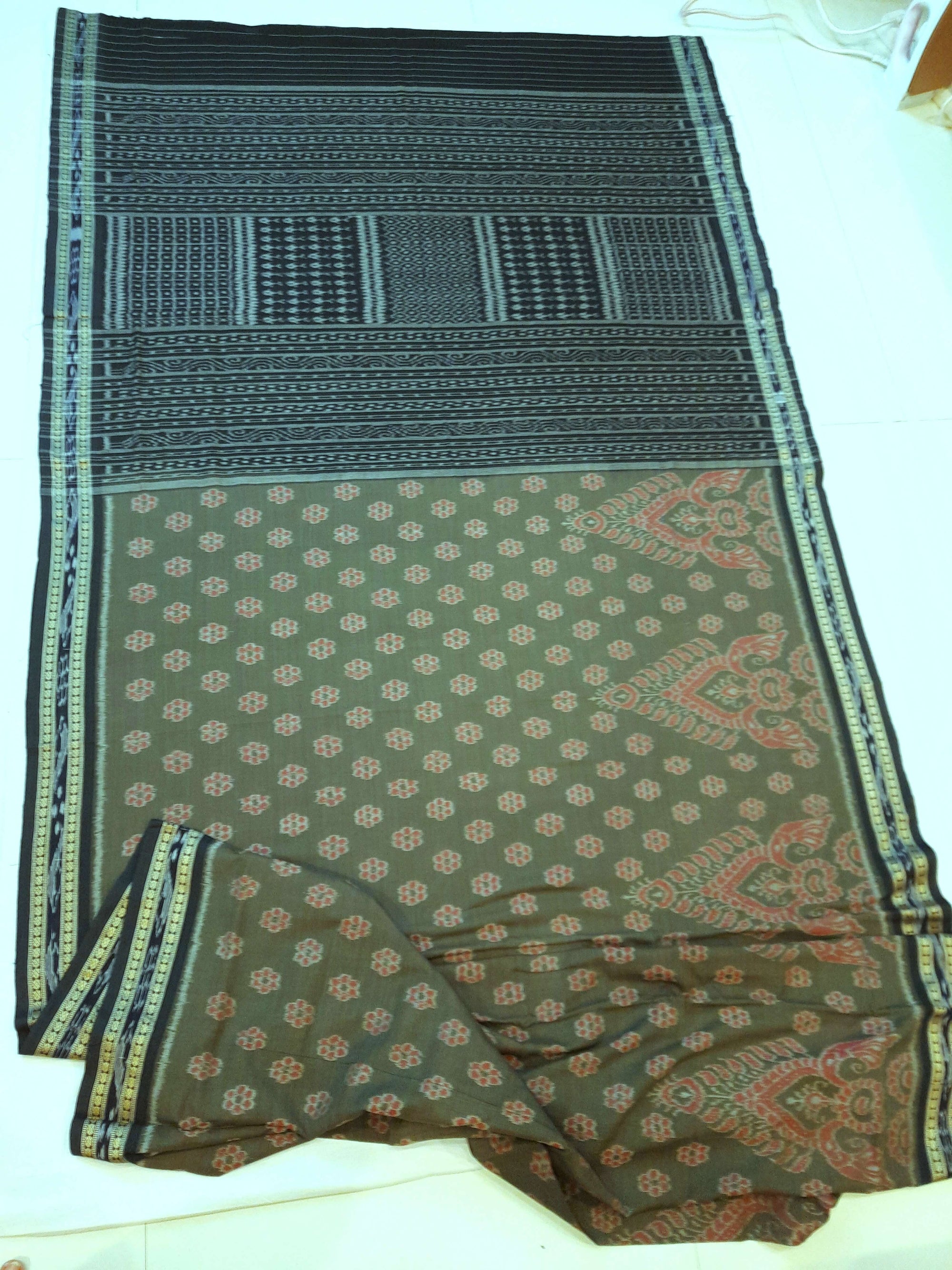 Olive Green Sambalpuri Cotton Saree with running blouse piece